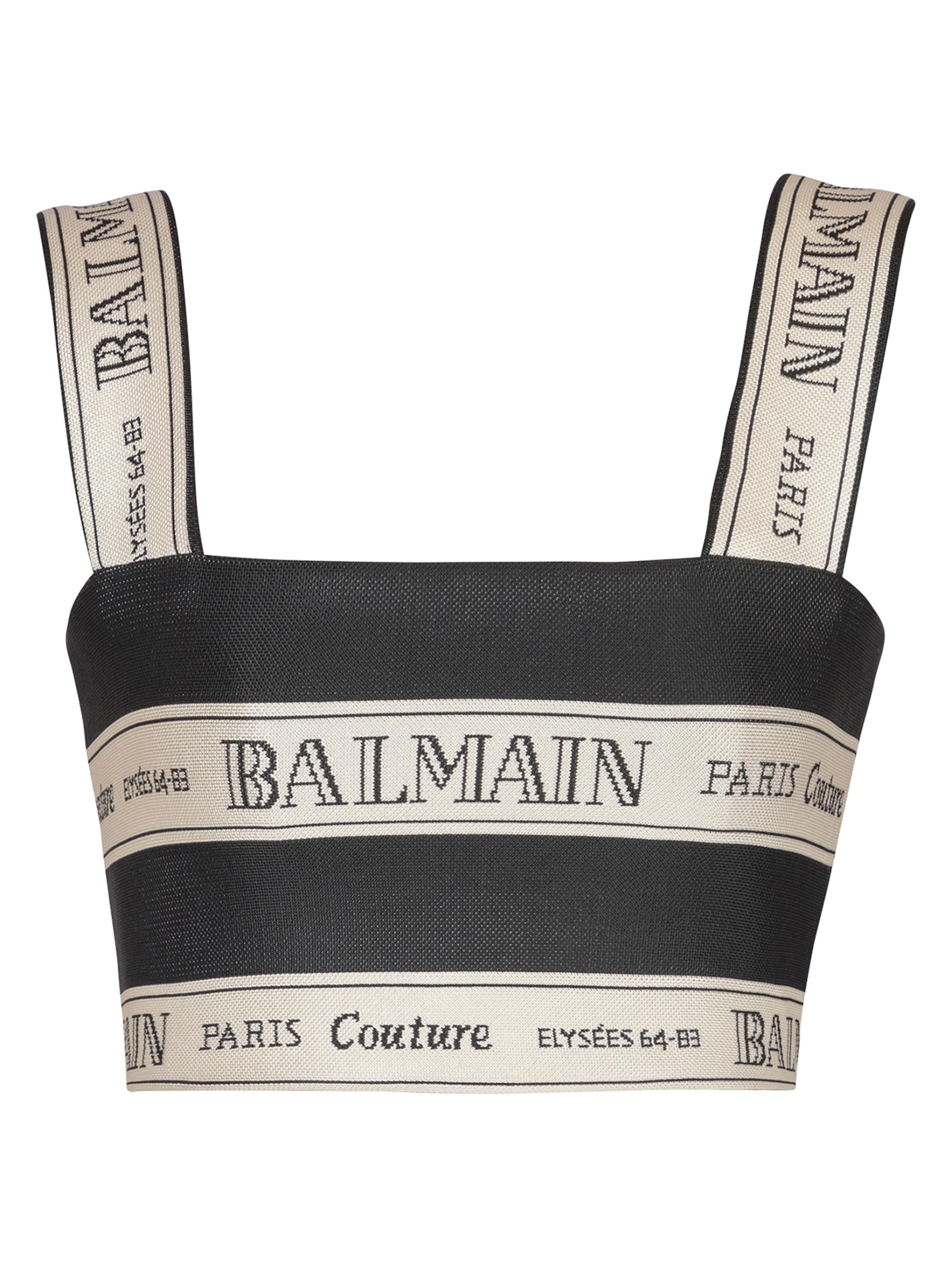 Balmain Women's Logo Striped Jacquard Crop Top - Noir Beige