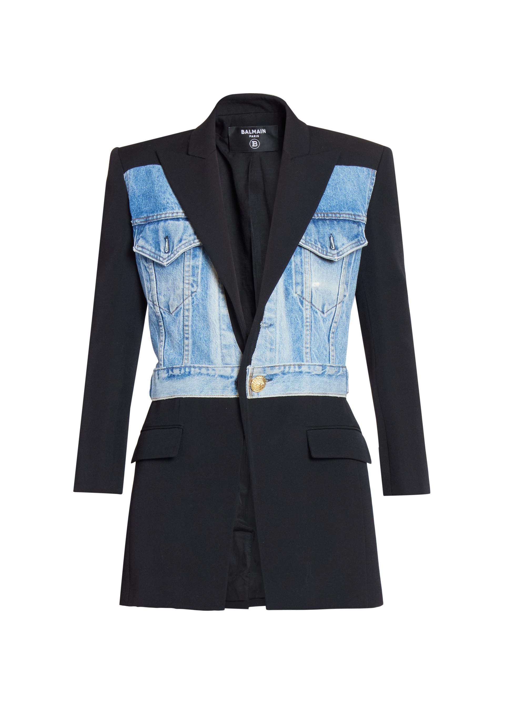 Balmain Women's Denim-Wool Combo Single-Breasted Jacket - Noir Bleu Denim