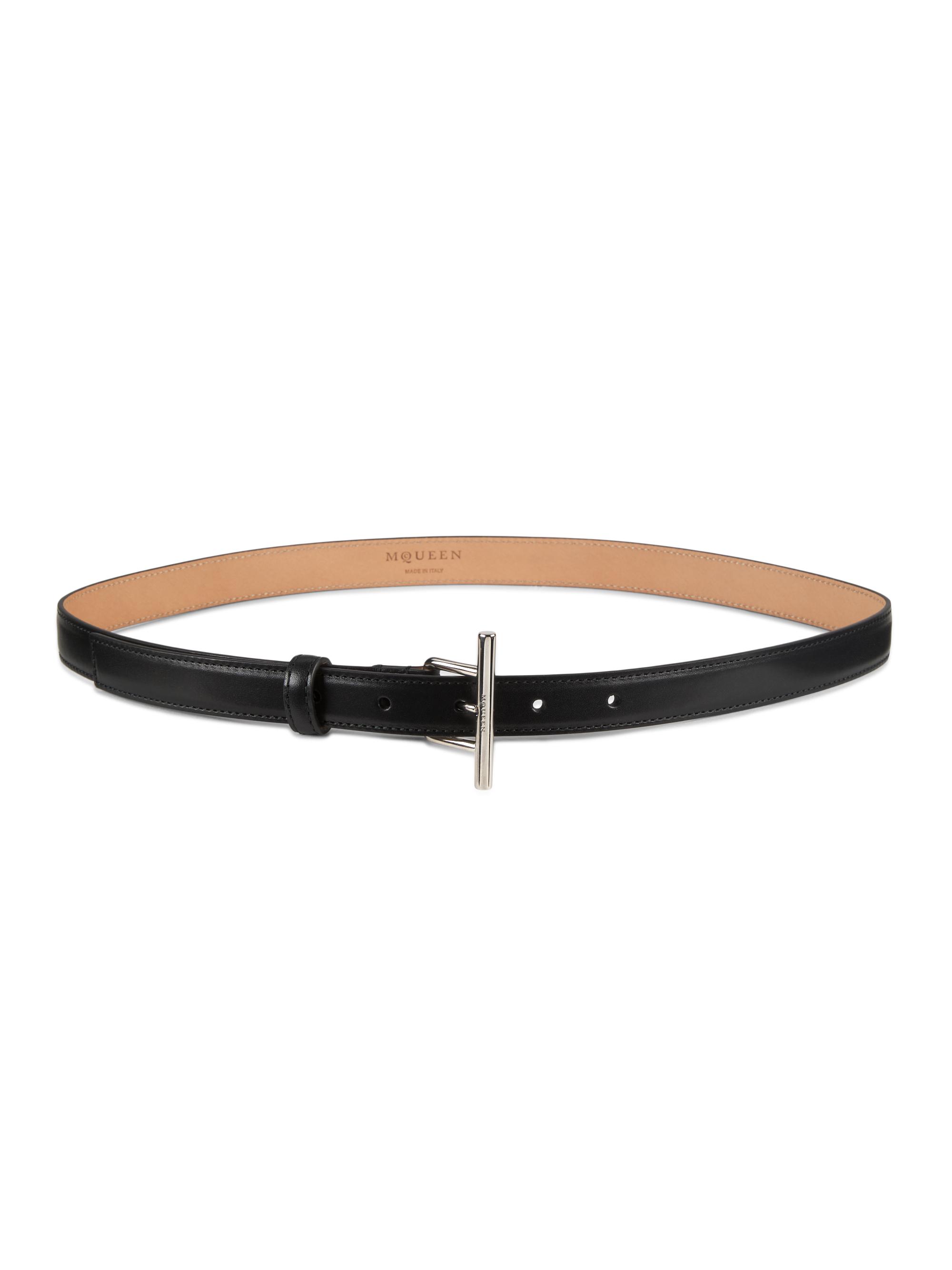 McQueen Women's Leather T-Bar Belt - Black Silver