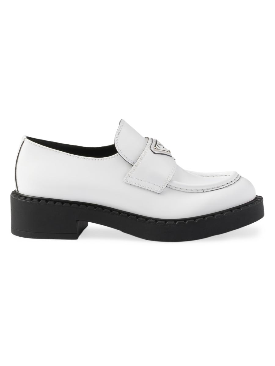 Prada Women's Chocolate Brushed Leather Loafers In White