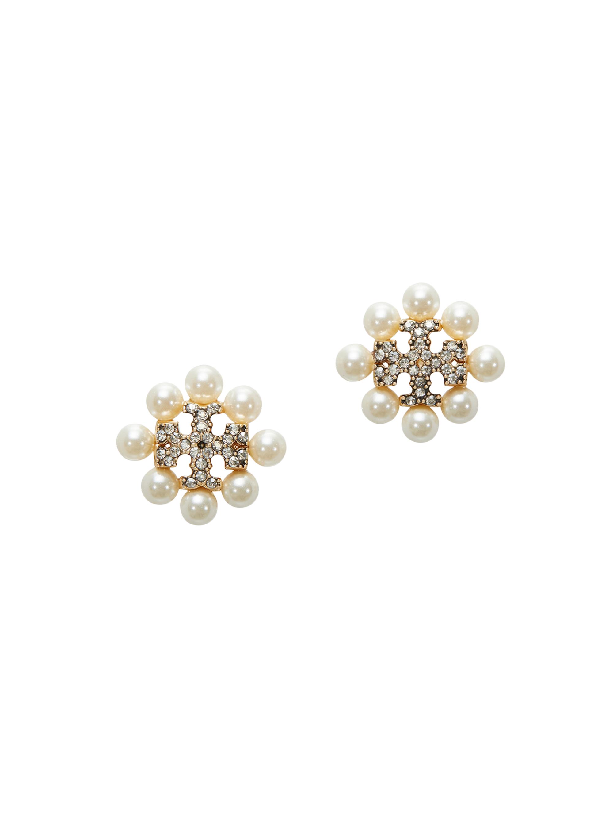 Tory Burch Women's Kira Silvertone, Cubic Zirconia & Imitation Pearl Logo Earrings - Tory Gold Pearl Crystal