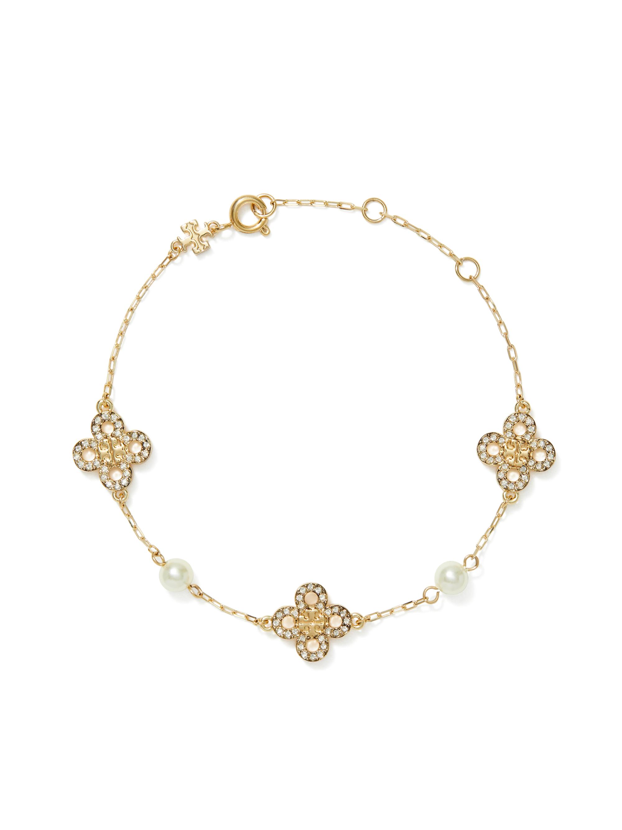 Tory Burch Women's Kira Clover 18K-Gold-Plated, Cubic Zirconia & Imitation Pearl Bracelet - Tory Gold Pearl Crystal
