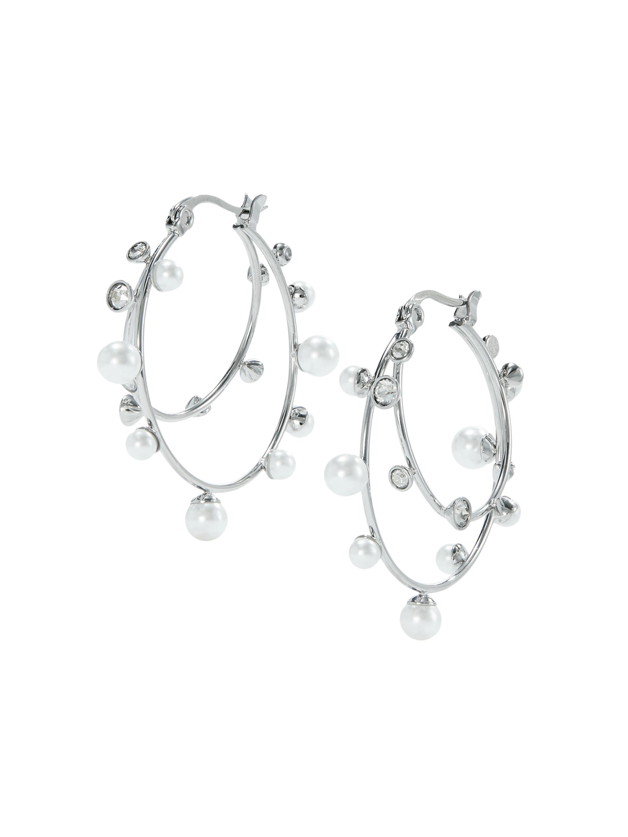 Tory Burch Women's Silvertone, Imitation Pearl & Cubic Zirconia Double Hoop Earrings - Tory Silver Pearl Crystal