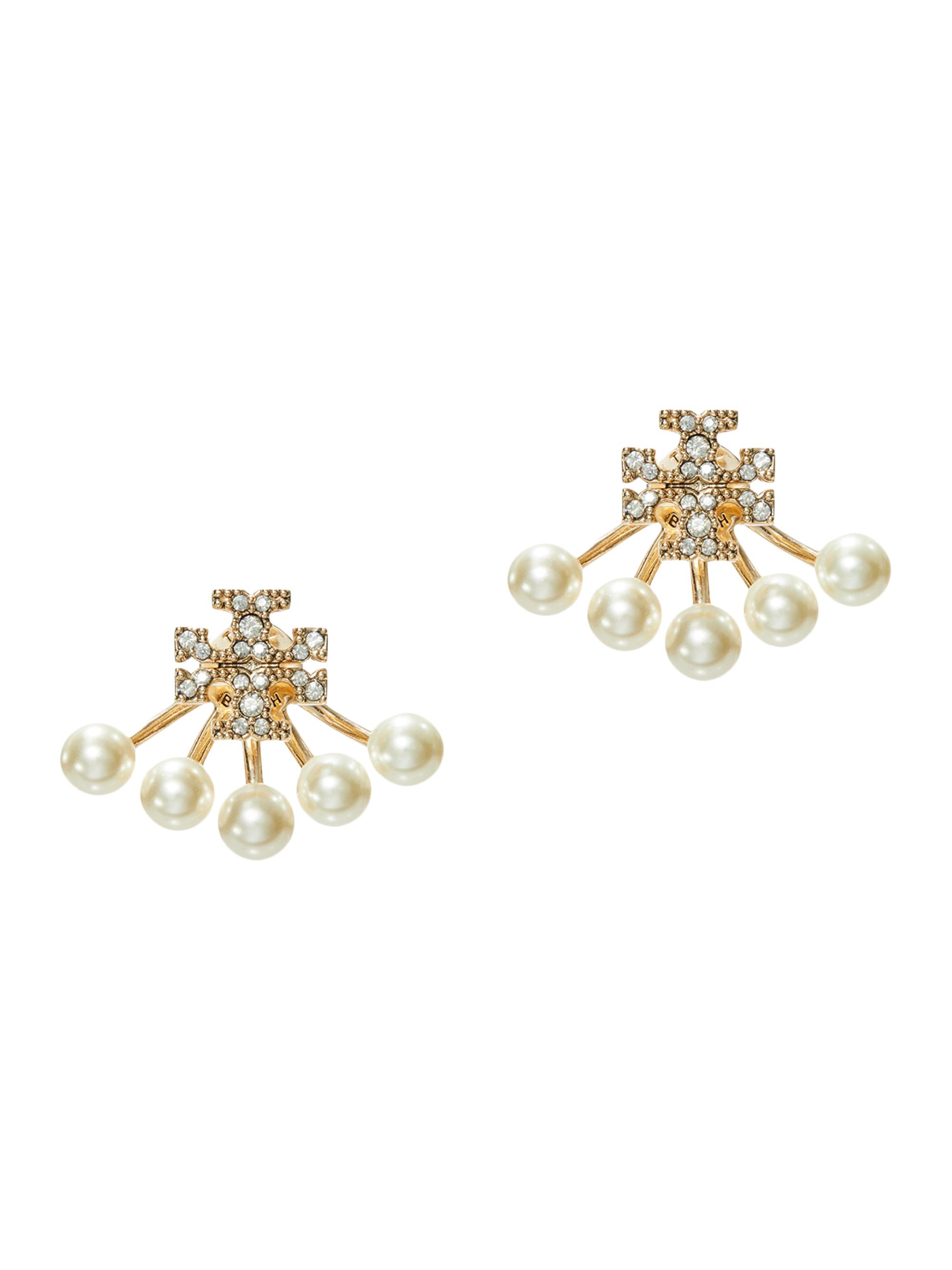 Tory Burch Women's Kira Clover 18K-Gold-Plated, Cubic Zirconia & Imitation Pearl Front-To-Back Earrings - Tory Gold Pearl Crystal