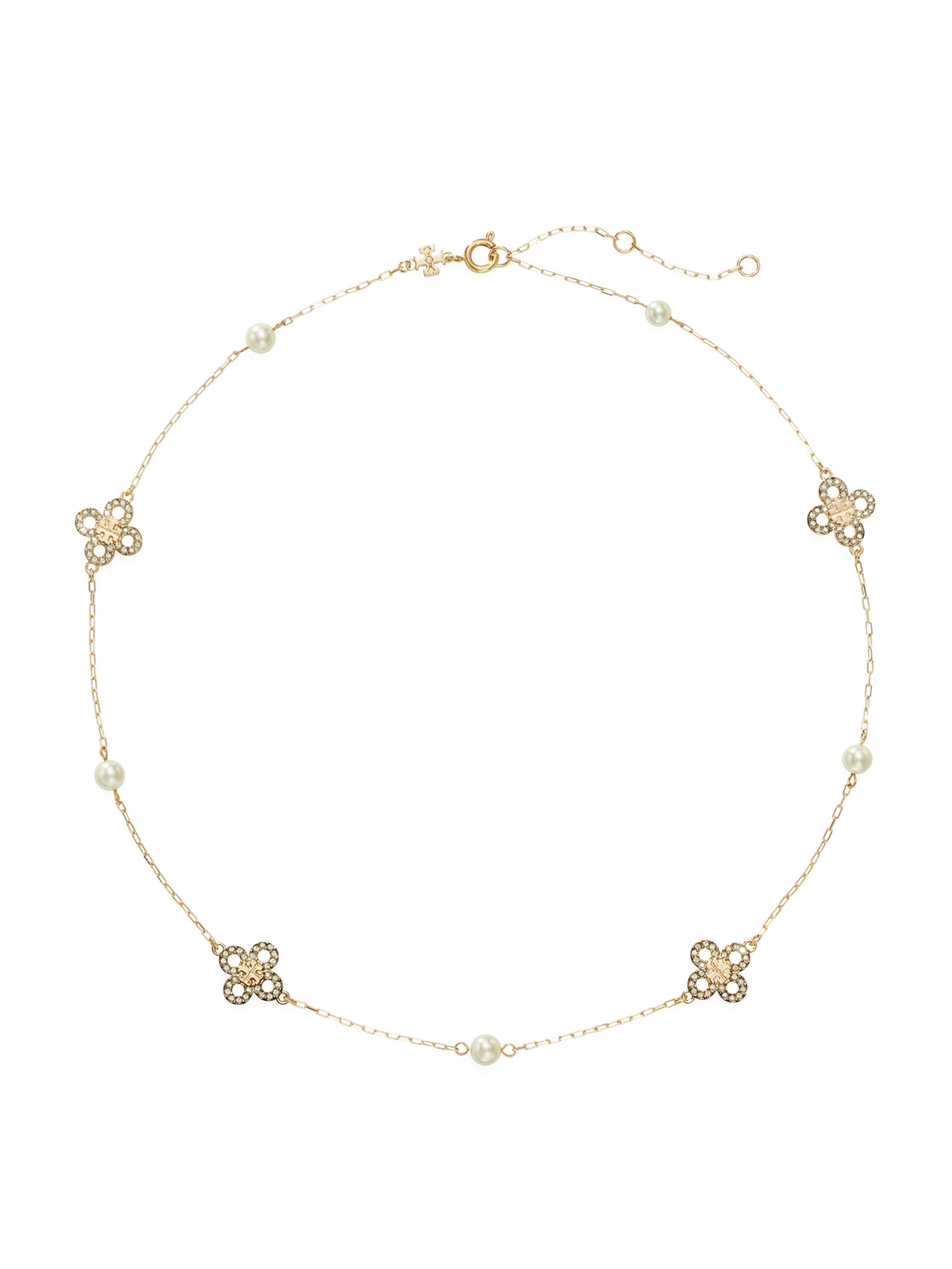 Tory Burch Women's Kira Clover 18K-Gold-Plated, Cubic Zirconia & Imitation Pearl Necklace - Tory Gold Pearl Crystal