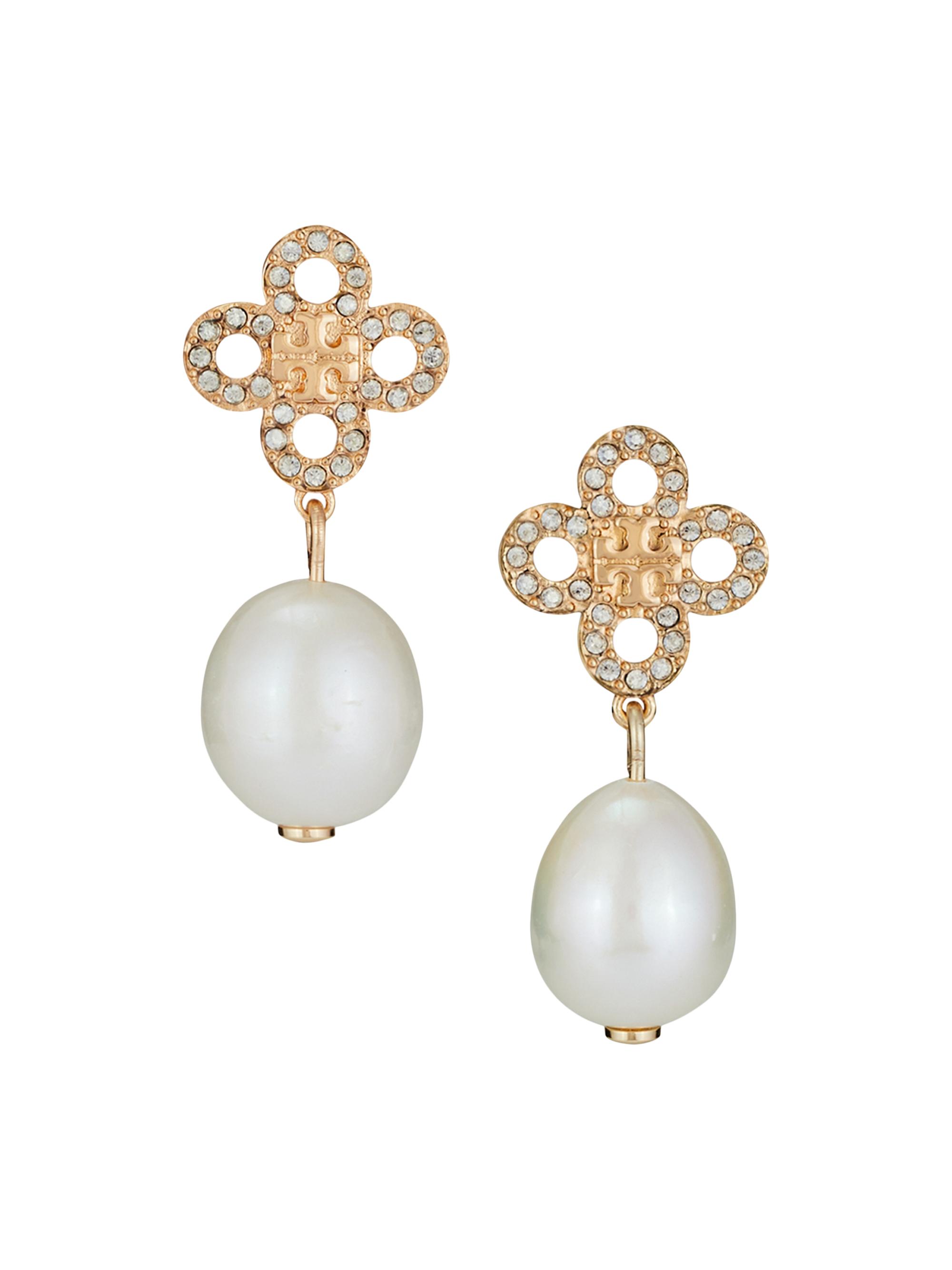 Tory Burch Women's Kira Clover 18K-Gold-Plated, Cubic Zirconia & Imitation Pearl Drop Earrings - Tory Gold Pearl Crystal