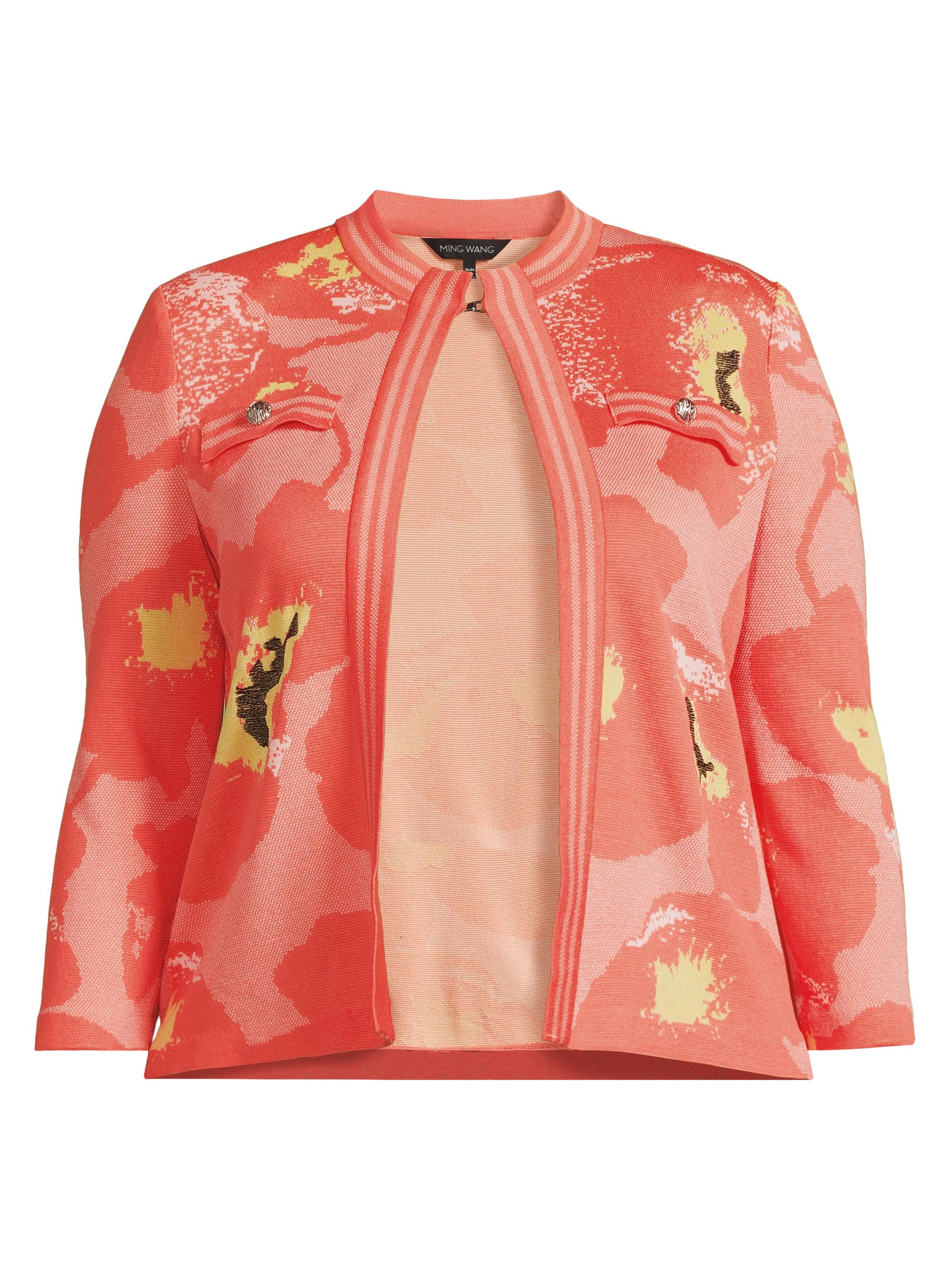 Ming Wang Women's Jacquard Crop-Sleeve Jacket - Sunkist Coral Rosy Blush