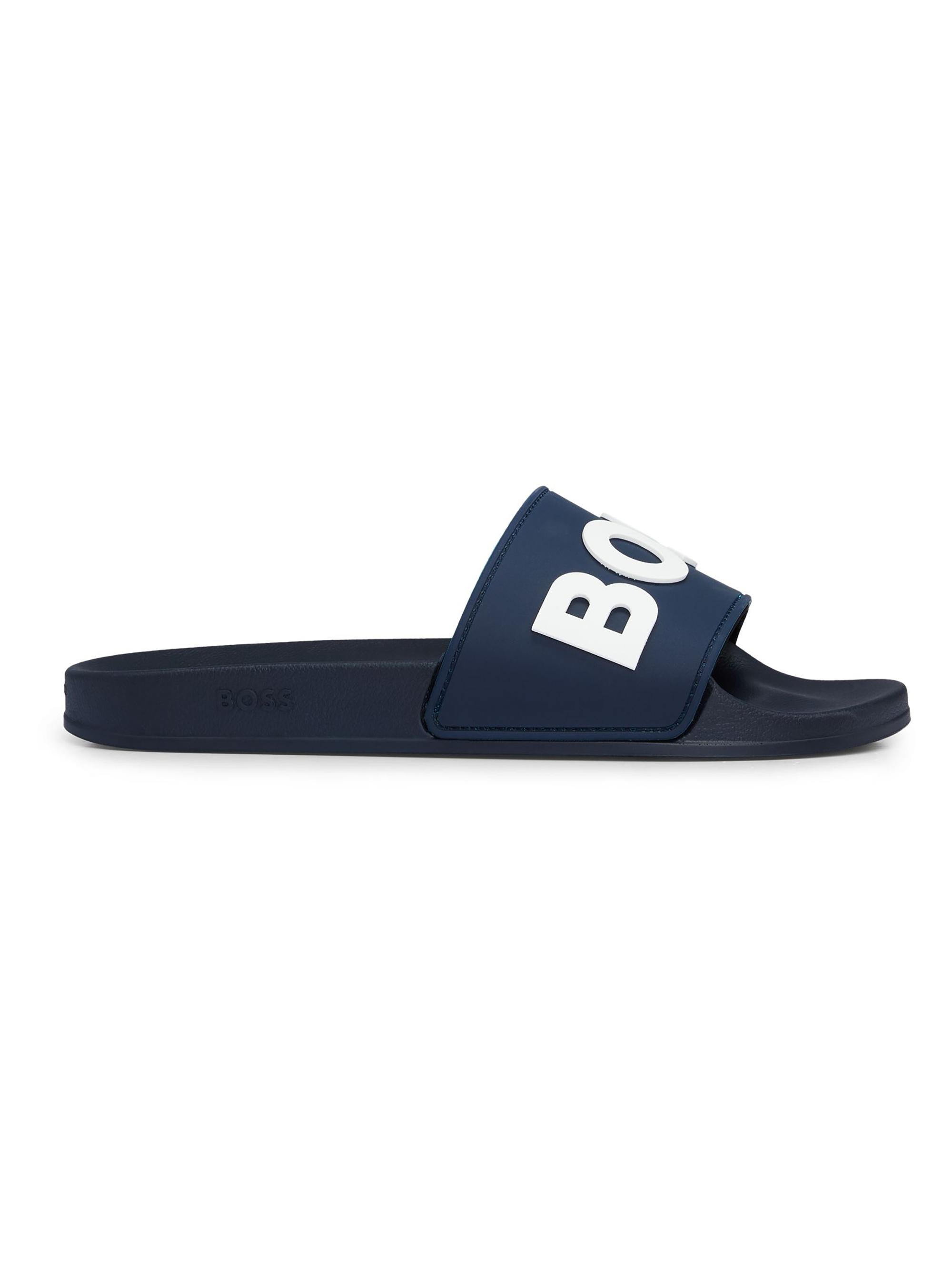 BOSS Men's Italian-Made Slides with Raised Logo - Dark Blue