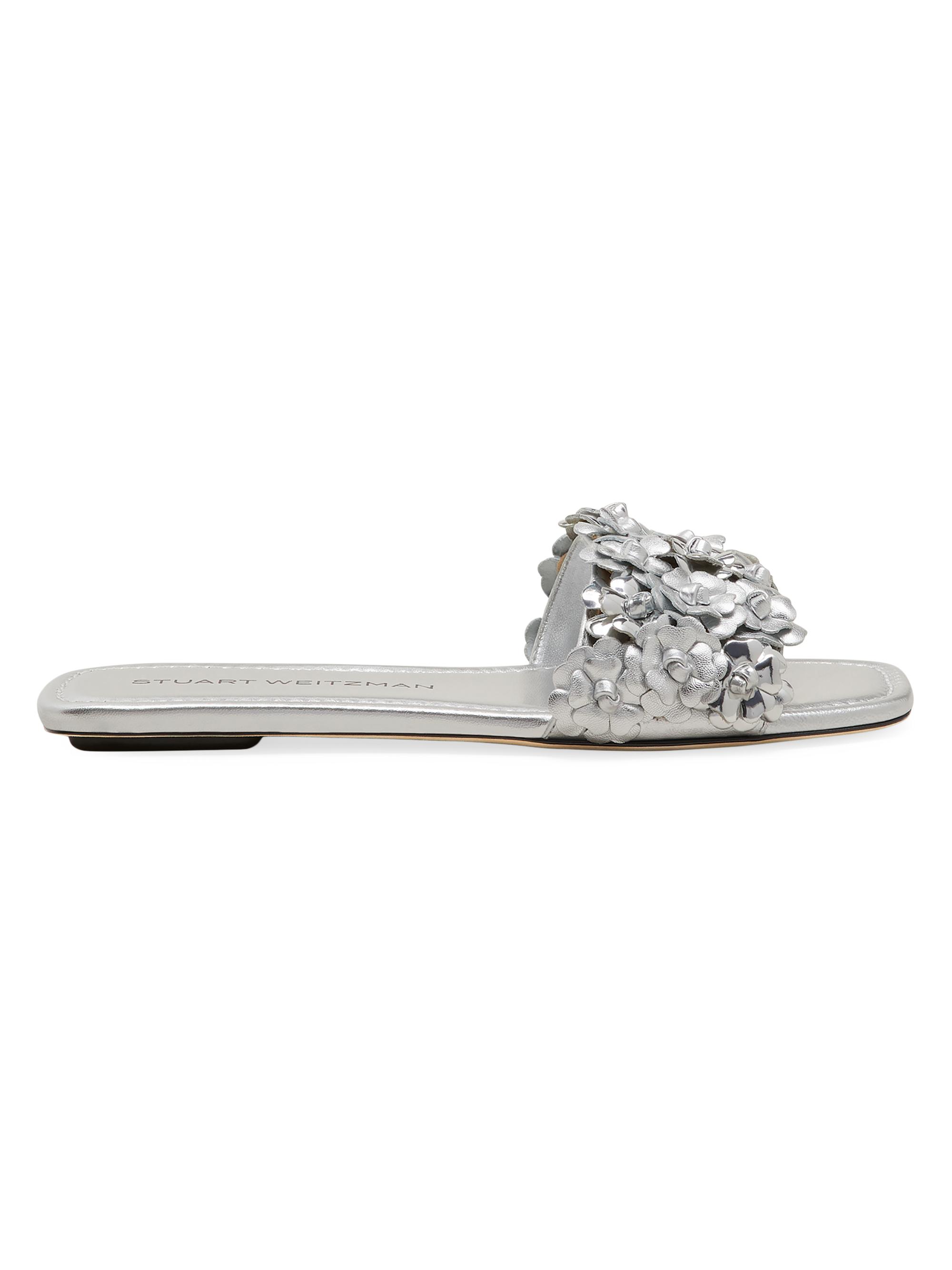 Stuart Weitzman Women's Meadow Metallic-Leather Slides - Silver  Sandals
