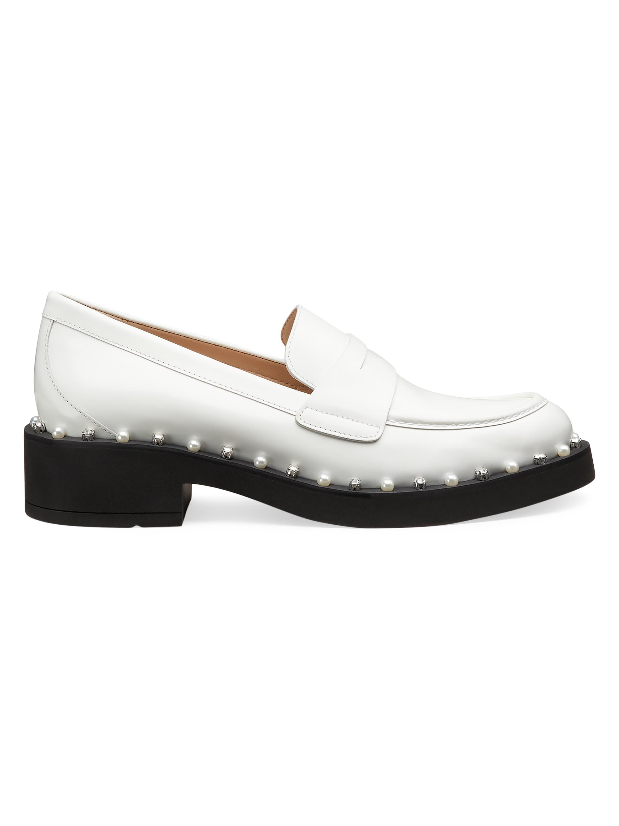 Stuart Weitzman Women's Reverie Embellished Spazzolato Leather Penny Loafers - White