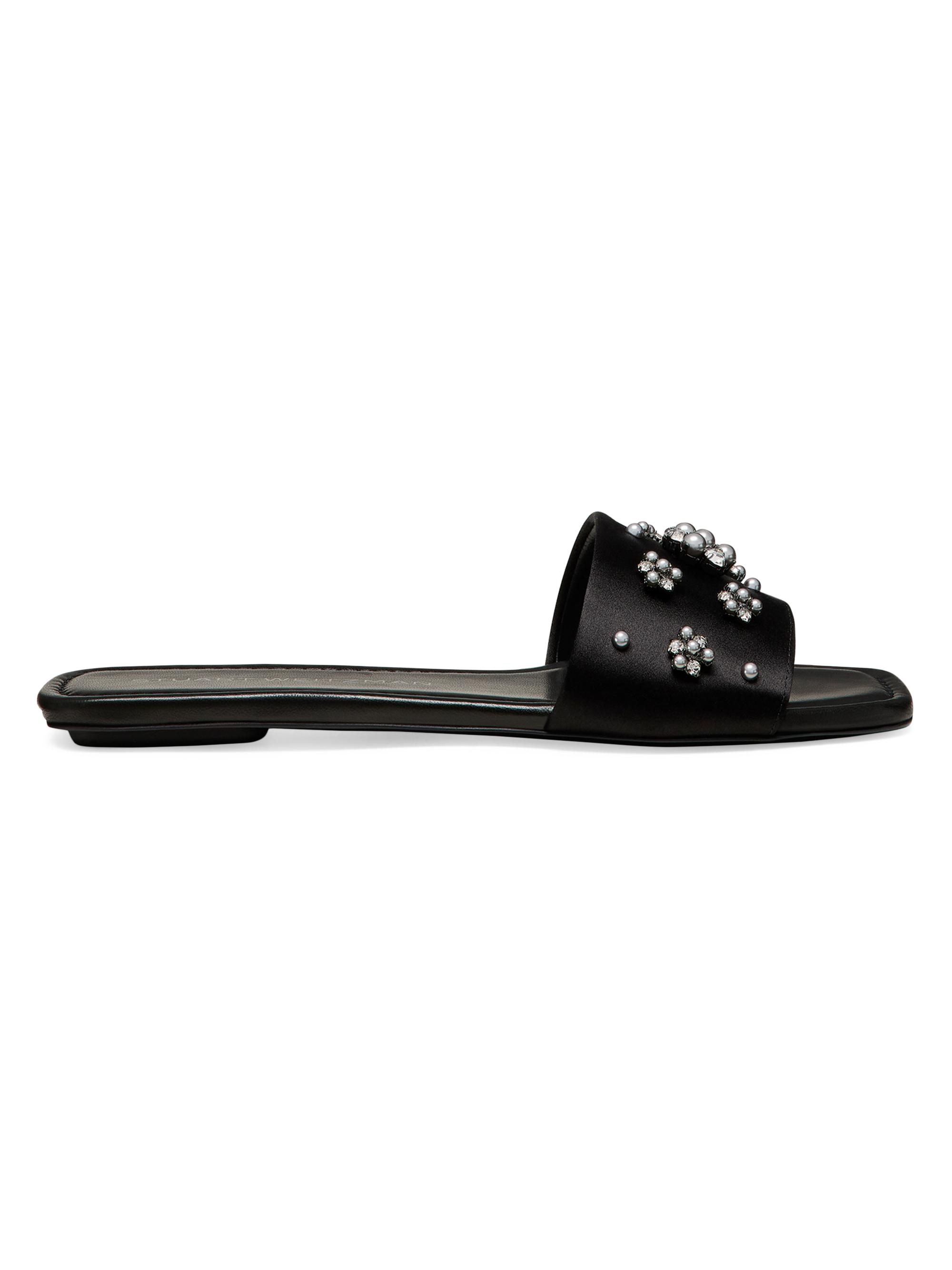 Stuart Weitzman Women's Poppy Embellished Satin Slides - Black Silver  Sandals