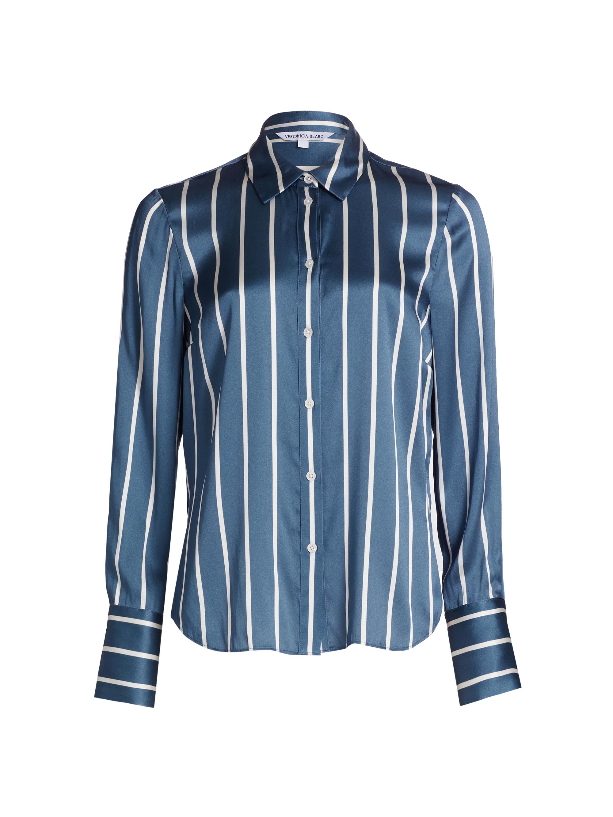 Veronica Beard Women's Monique Striped Silk-Blend Long-Sleeve Shirt - Blue Stone Offwhite