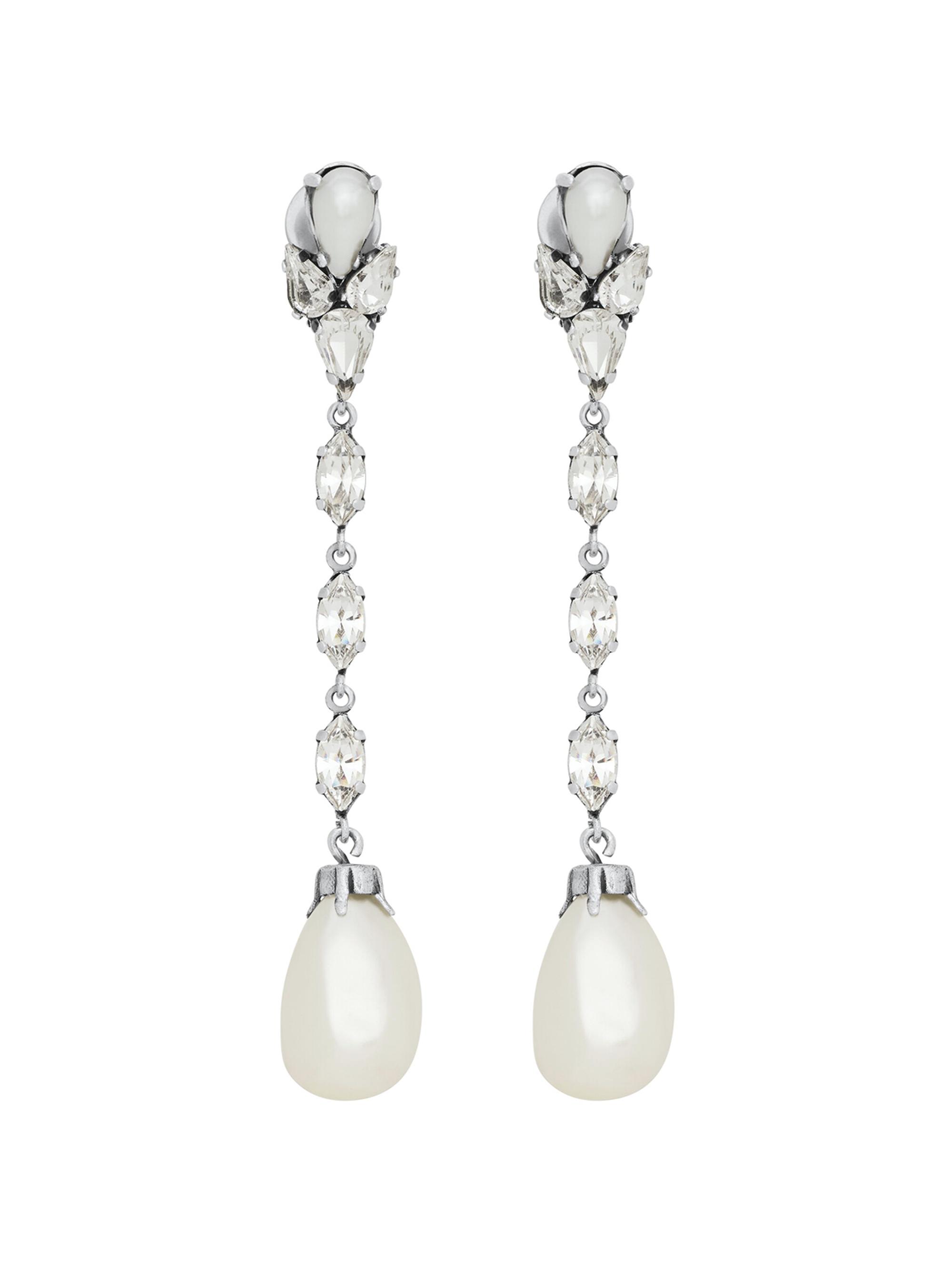 Saint Laurent Women's Pearl Drop Earrings in Metal - Crystal Oxidized Silver