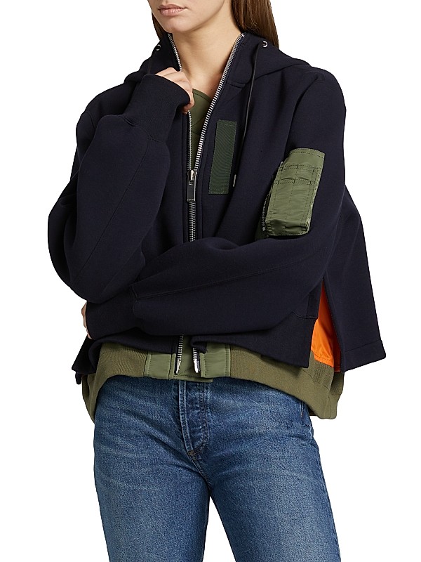 Shop Sacai Mixed Media Zip Hoodie | Saks Fifth Avenue Shop Sacai Mixed Media Zip Hoodie | Saks Fifth Avenue