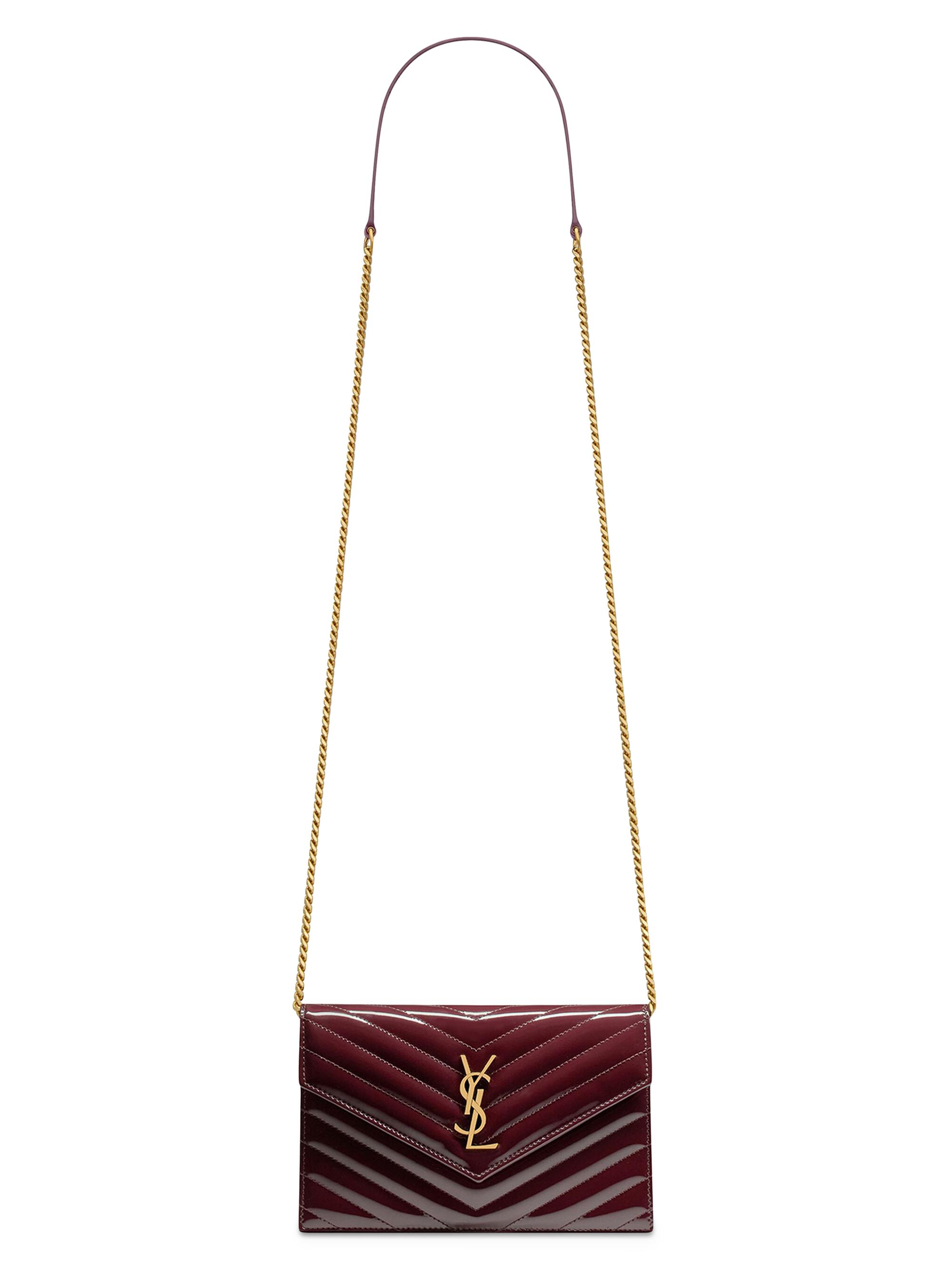 Saint Laurent Women's Cassandre Envelope Chain Wallet in Patent Leather - Dark Red Wine
