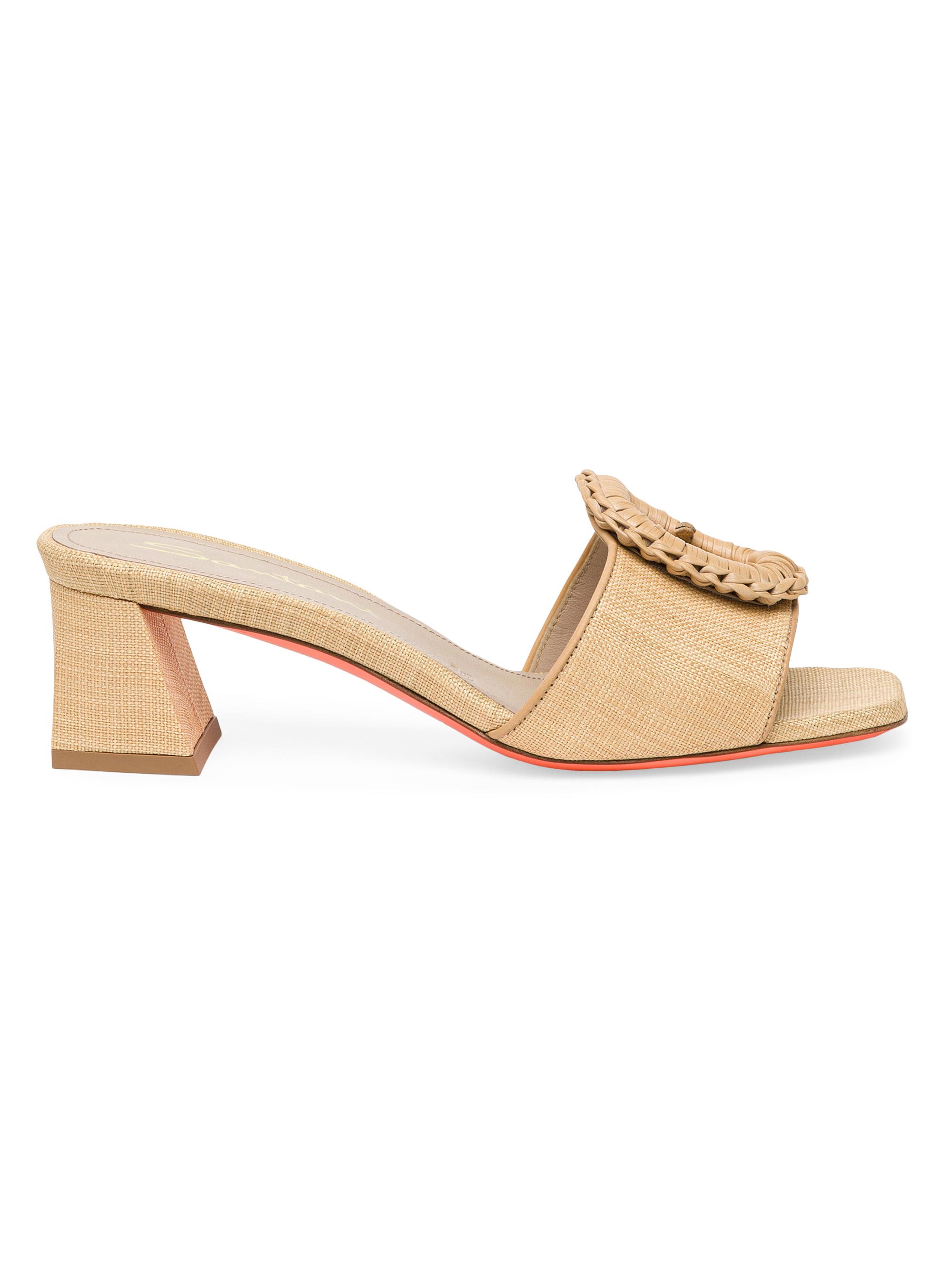Santoni Women's Marta 50MM Raffia & Leather Buckle Mules - Beige