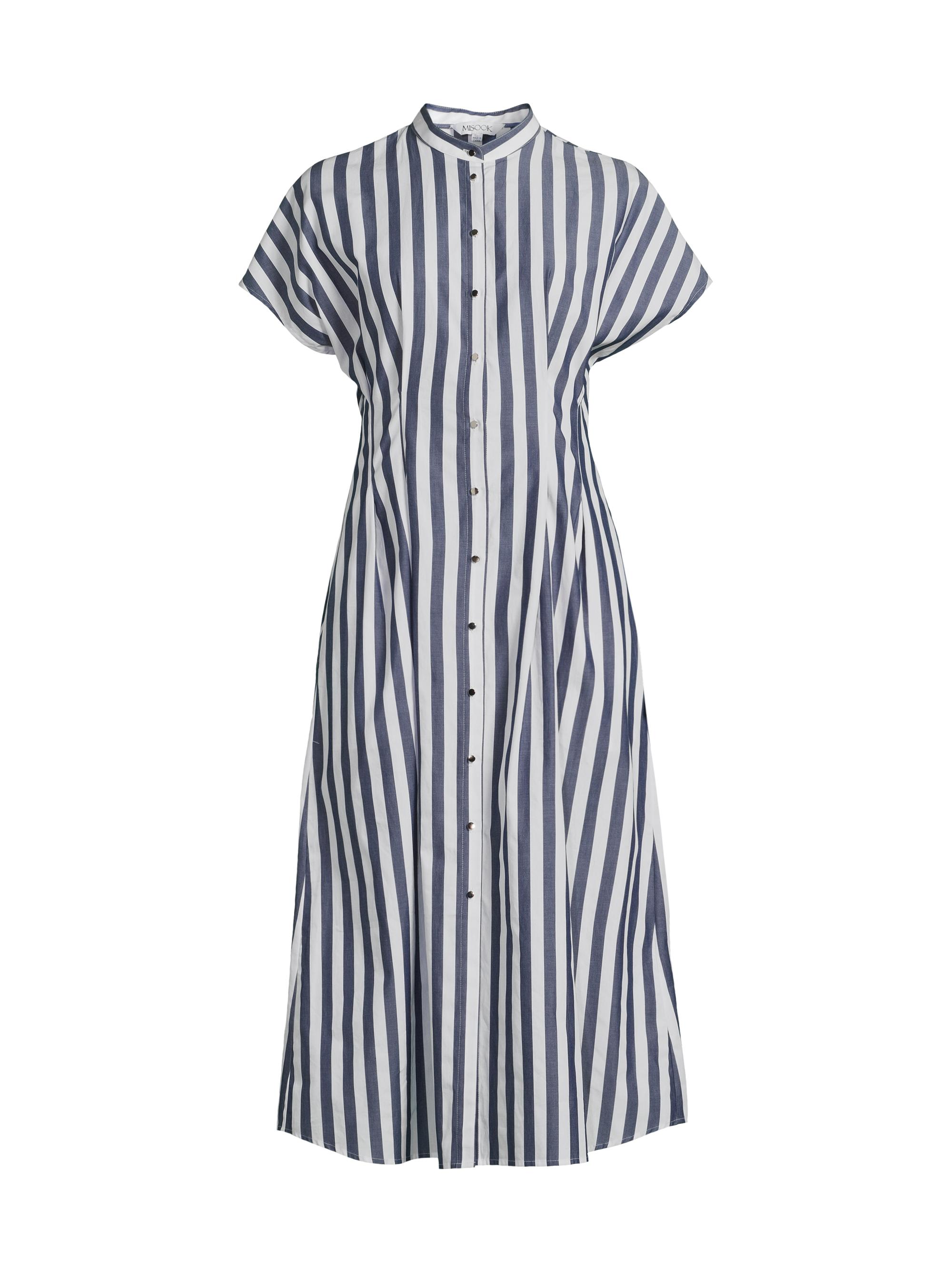 Misook Women's Pleated Striped Cotton Fit & Flare Midi-Dress - Dark Navy White
