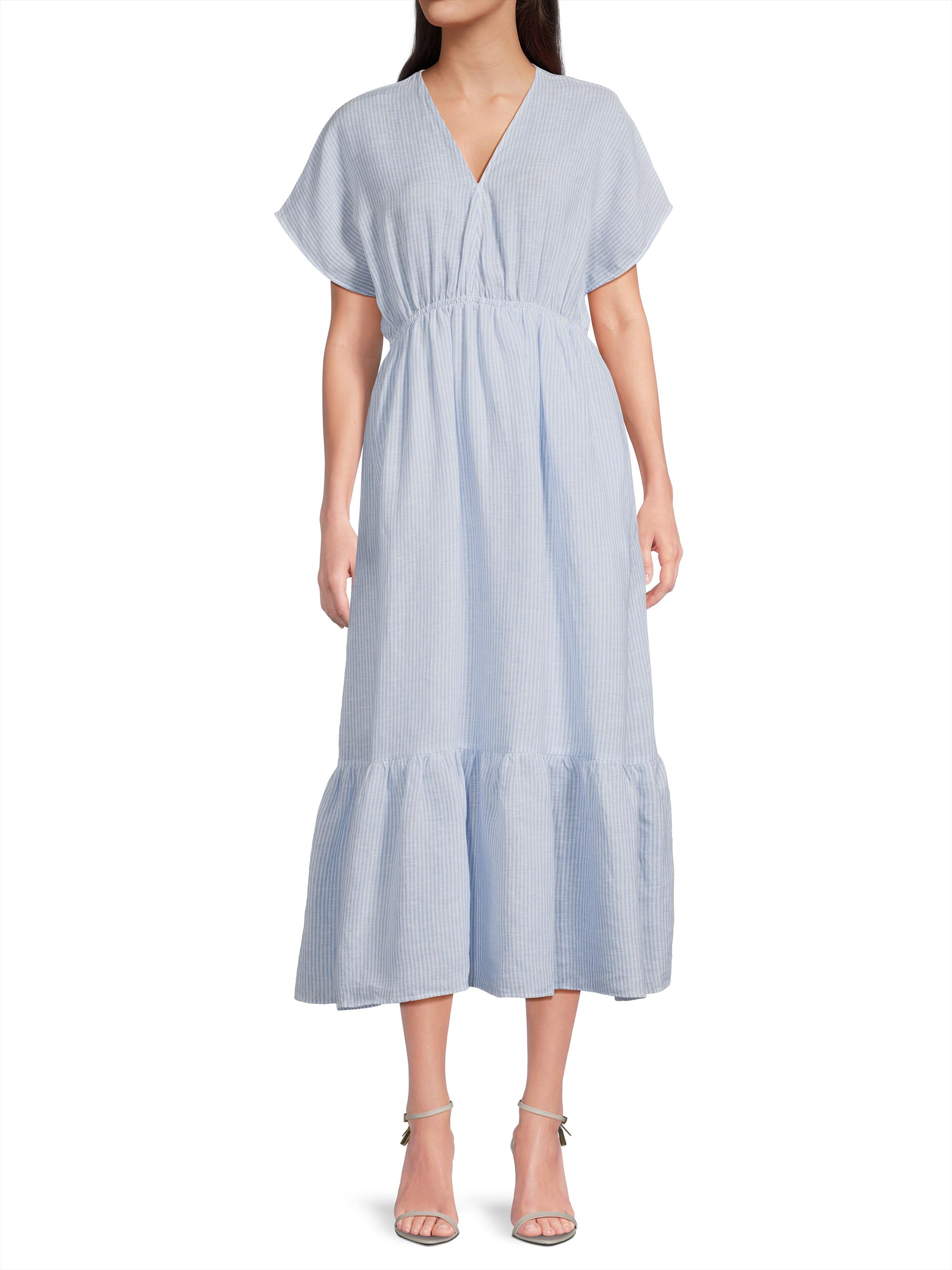chinese dress ladies White Blue and Green Stripe Knit Halter Maxi Bexley Dress