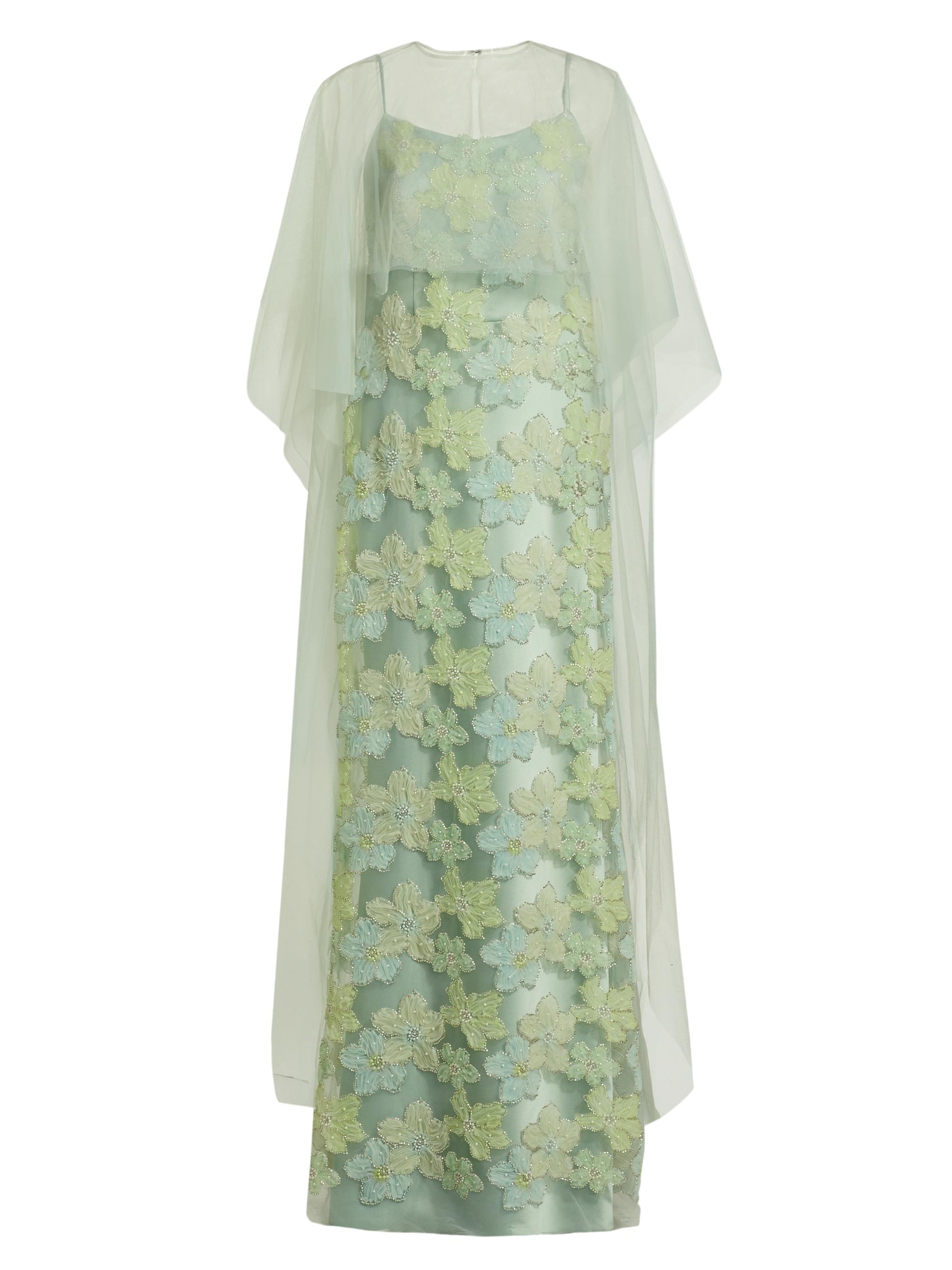 Amsale Women's Embroidered Floral Tulle Cape Gown - Ice Jade