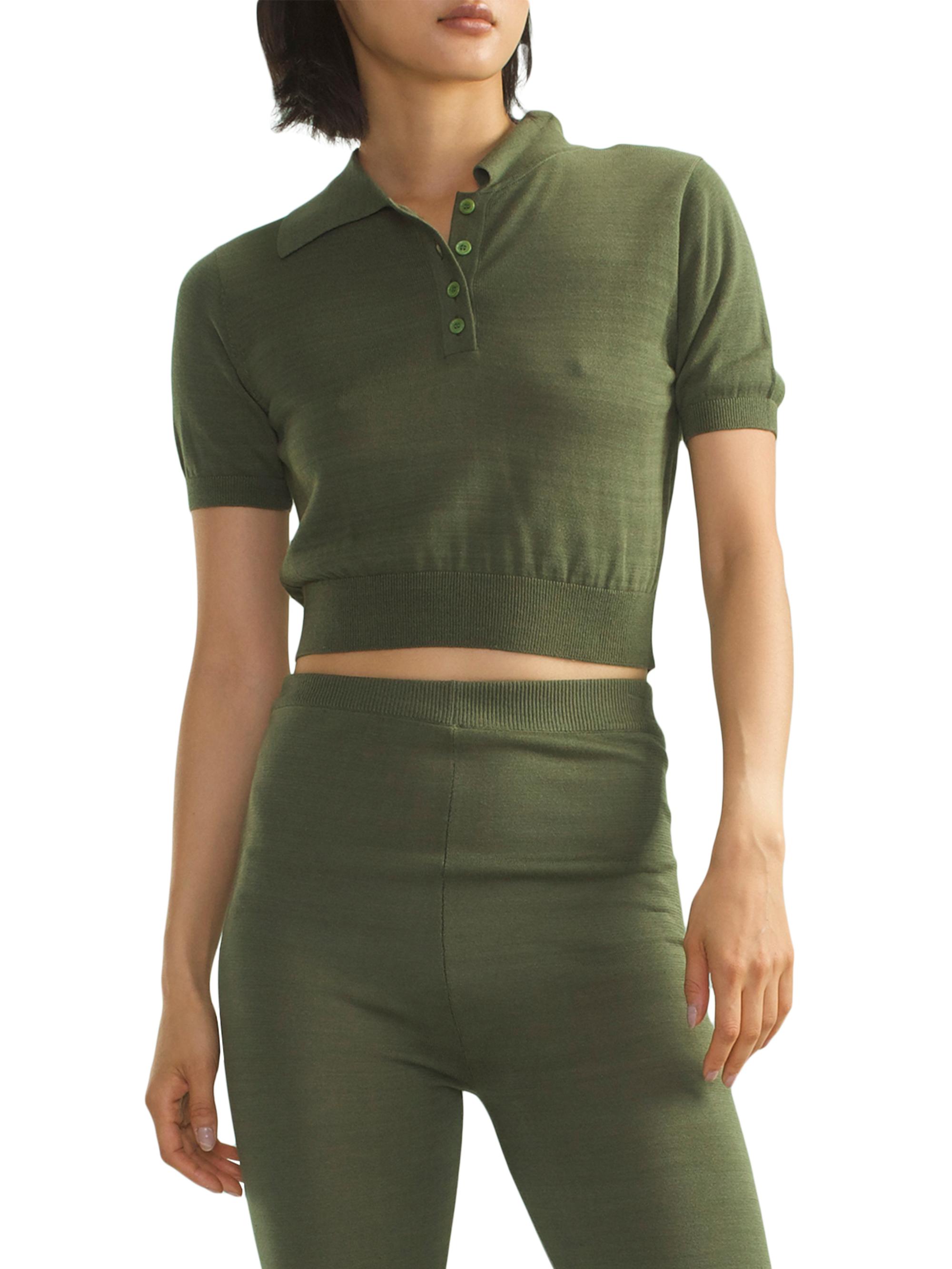 Cynthia Rowley Women's Cropped Knit Polo Shirt - Dark Green