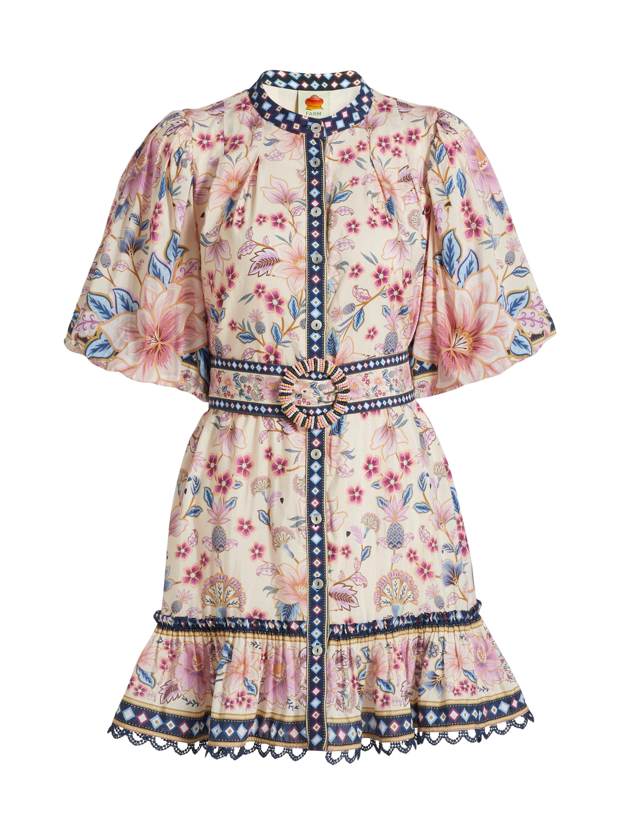 Farm Rio Women's Superbloom Belted Puff Sleeve Minidress - Cream