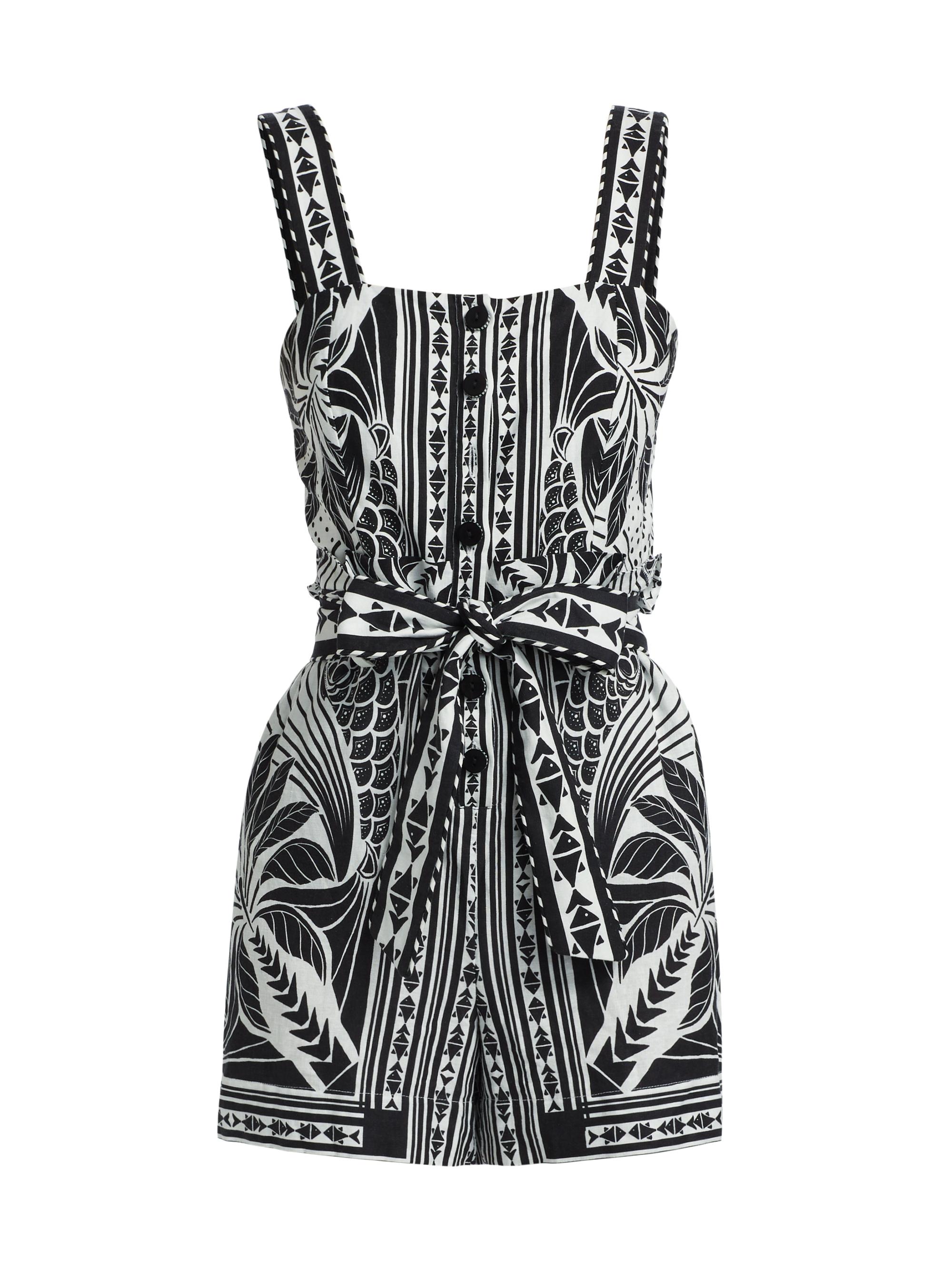 Farm Rio Women's Monochrome Linen-Blend Botanical-Print Romper - Off White