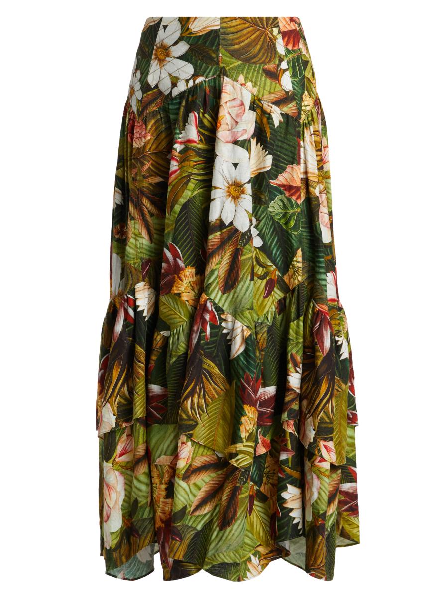 Farm Rio Botanical Forest Floral Linen-Blend Midi-Skirt