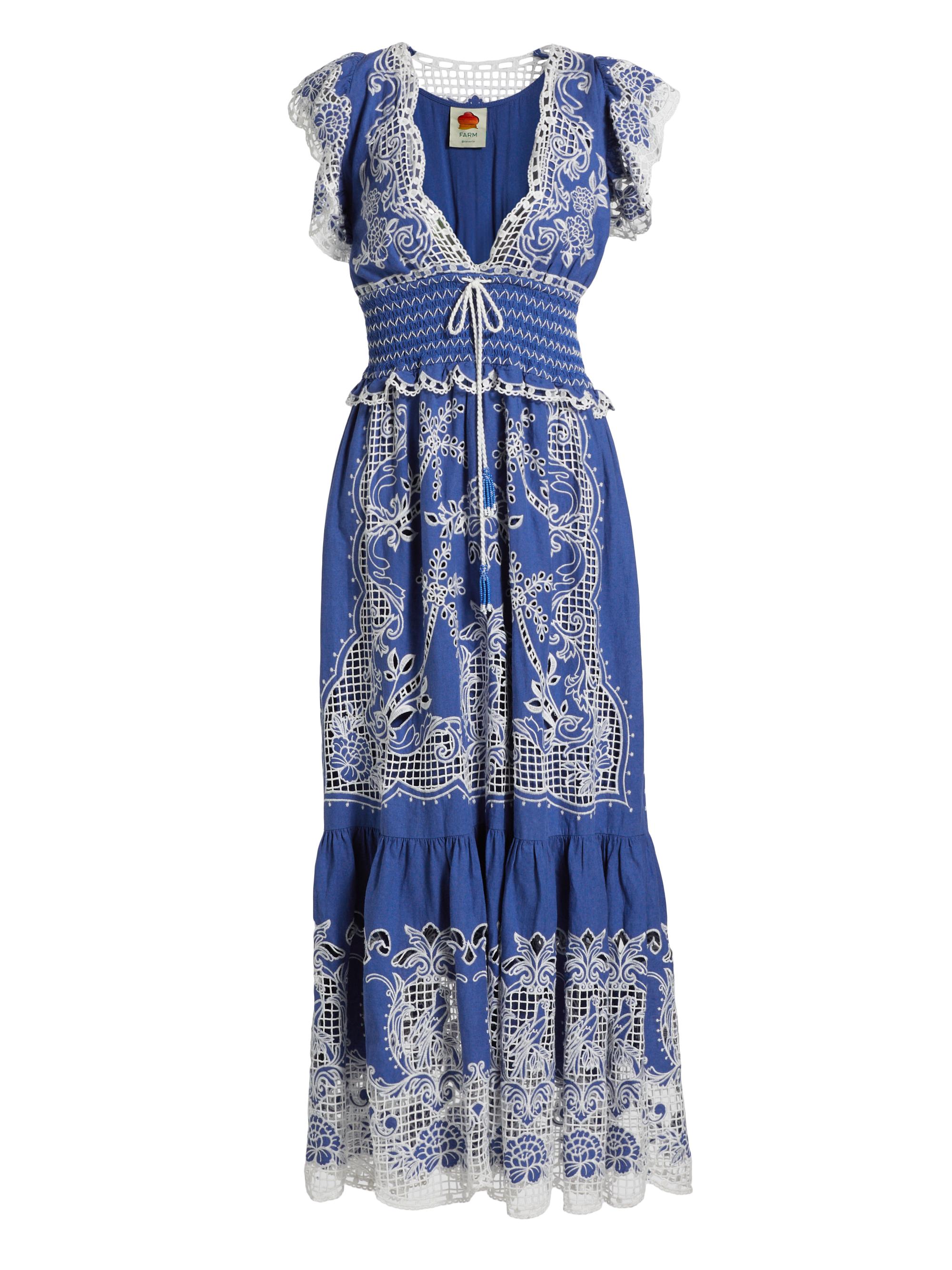 Farm Rio Women's Romantic Richelieu V-Neck Maxi Dress - Blue