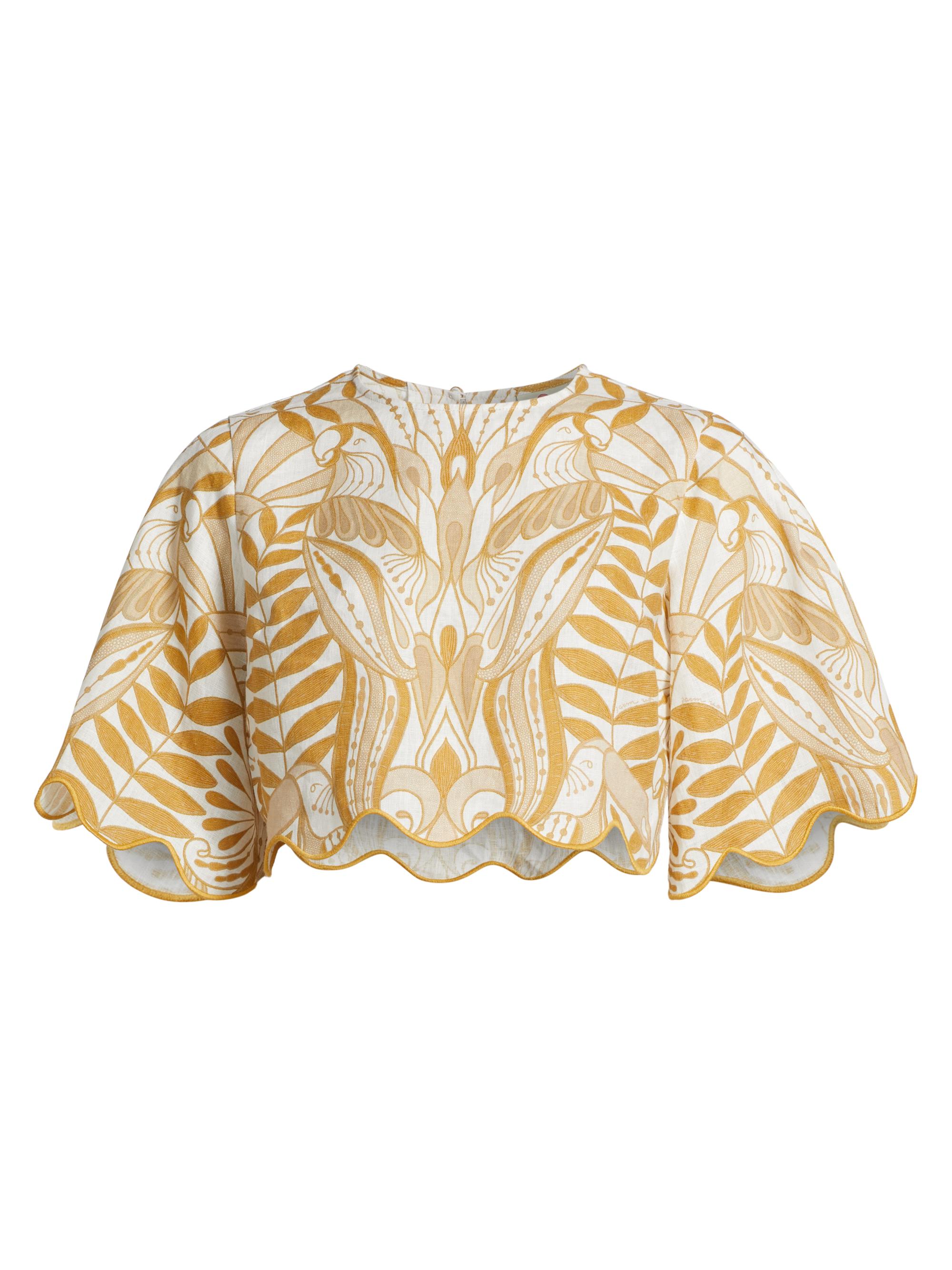 Farm Rio Lace Nature Scallop-Trimmed Crop Blouse | Saks Fifth Avenue