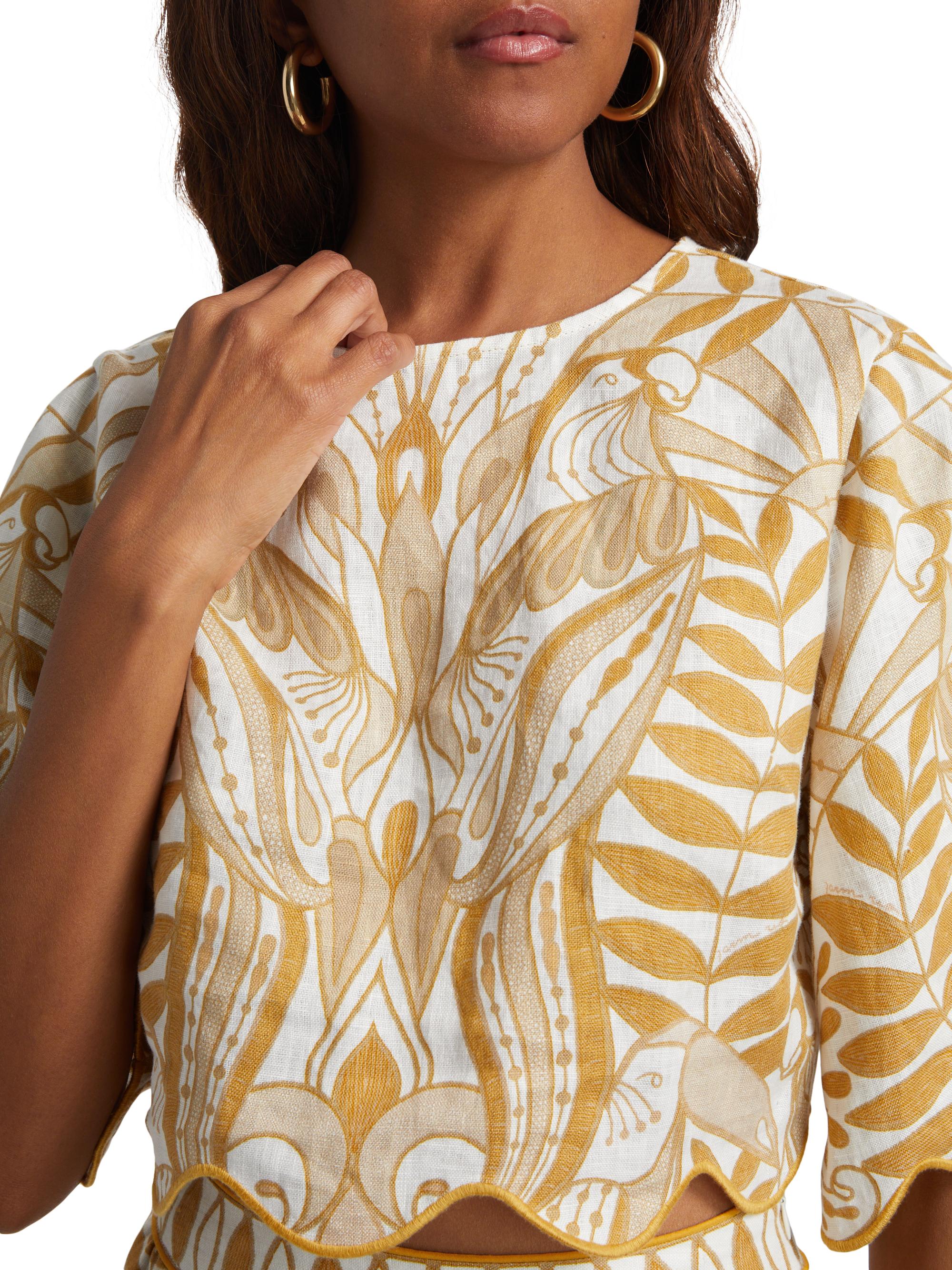 Farm Rio Lace Nature Scallop-Trimmed Crop Blouse | Saks Fifth Avenue