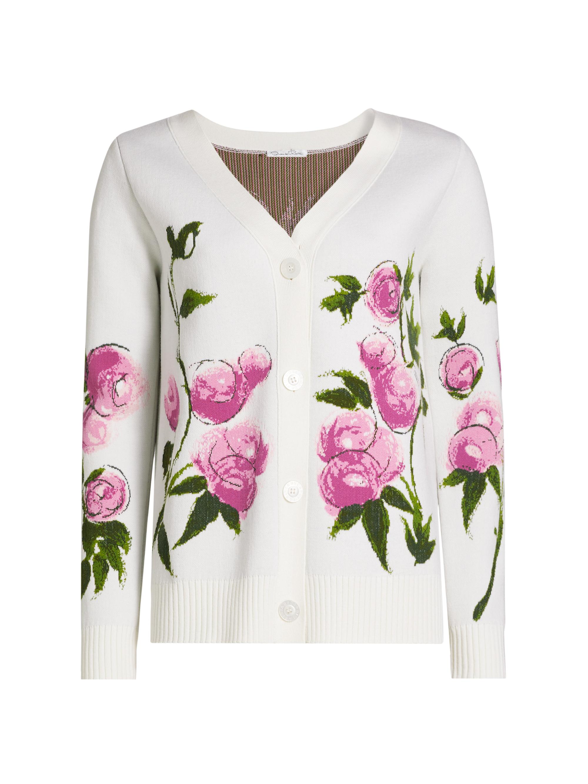Oscar de la Renta Women's Painted Roses Jacquard Cardigan - Pink