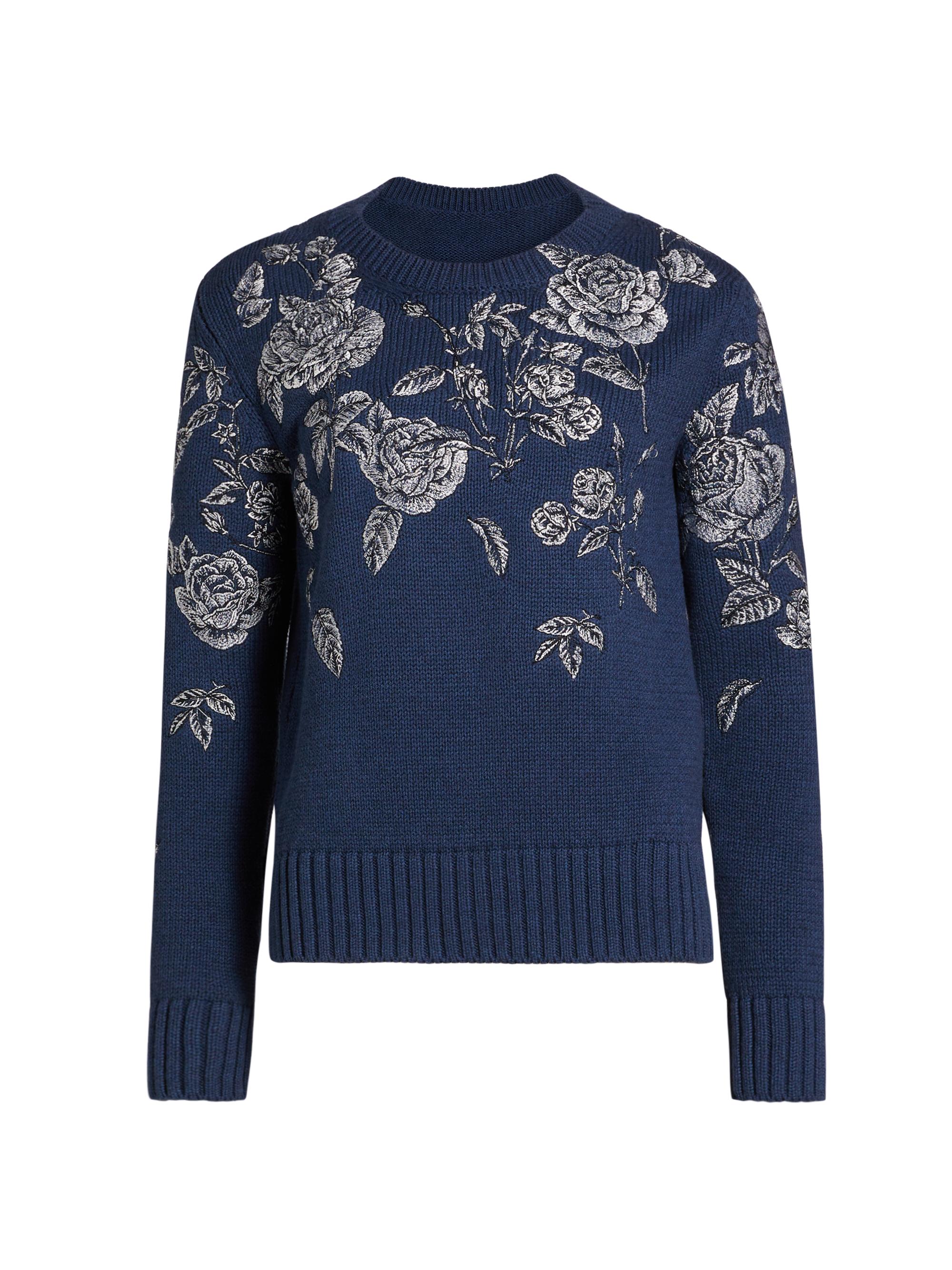 Oscar de la Renta Women's Rose Embroidered Cotton Crewneck Sweater - Denim