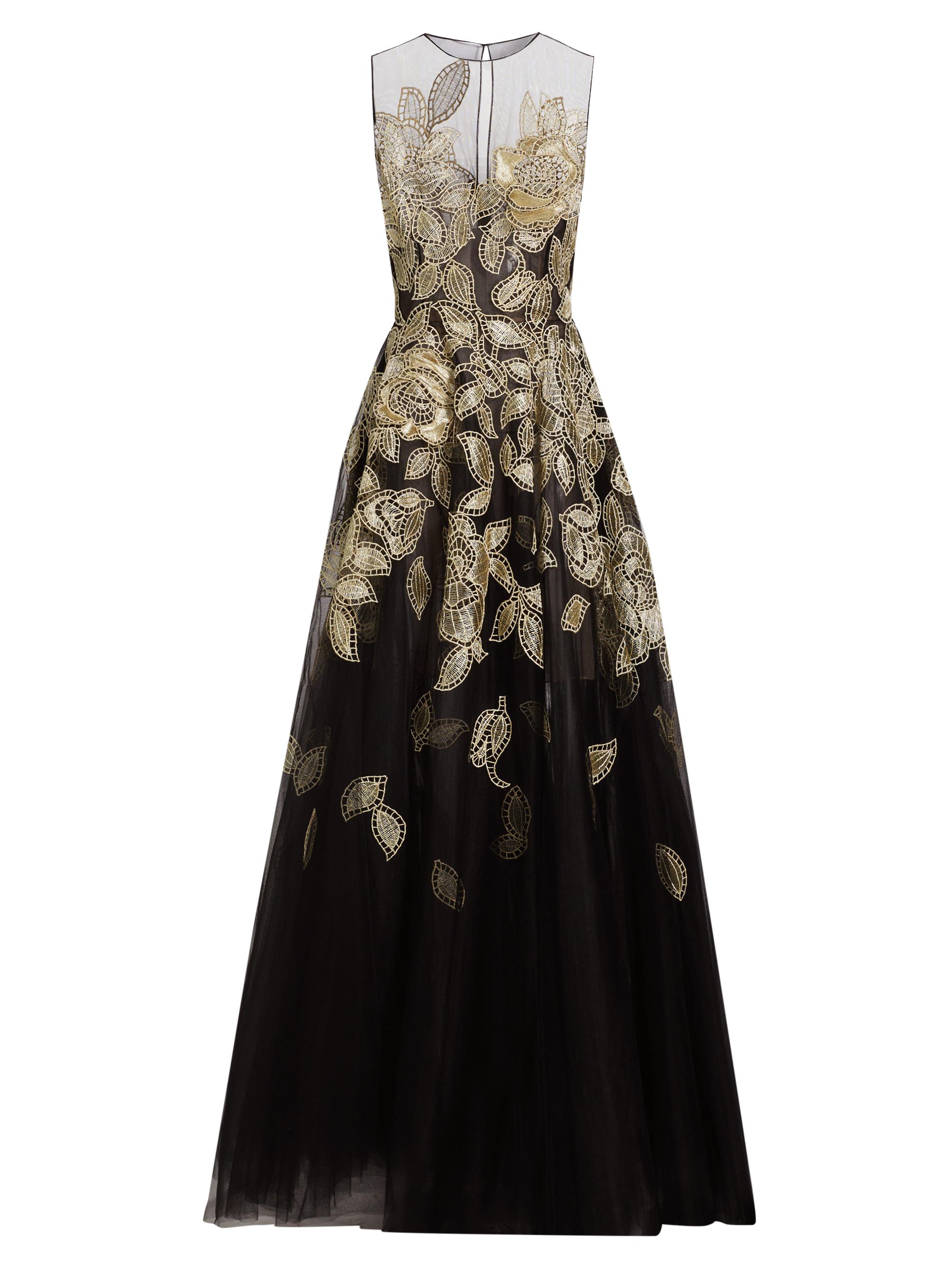 Oscar de la Renta Women's Gold Foil Rose Appliqué Gown - Black Gold