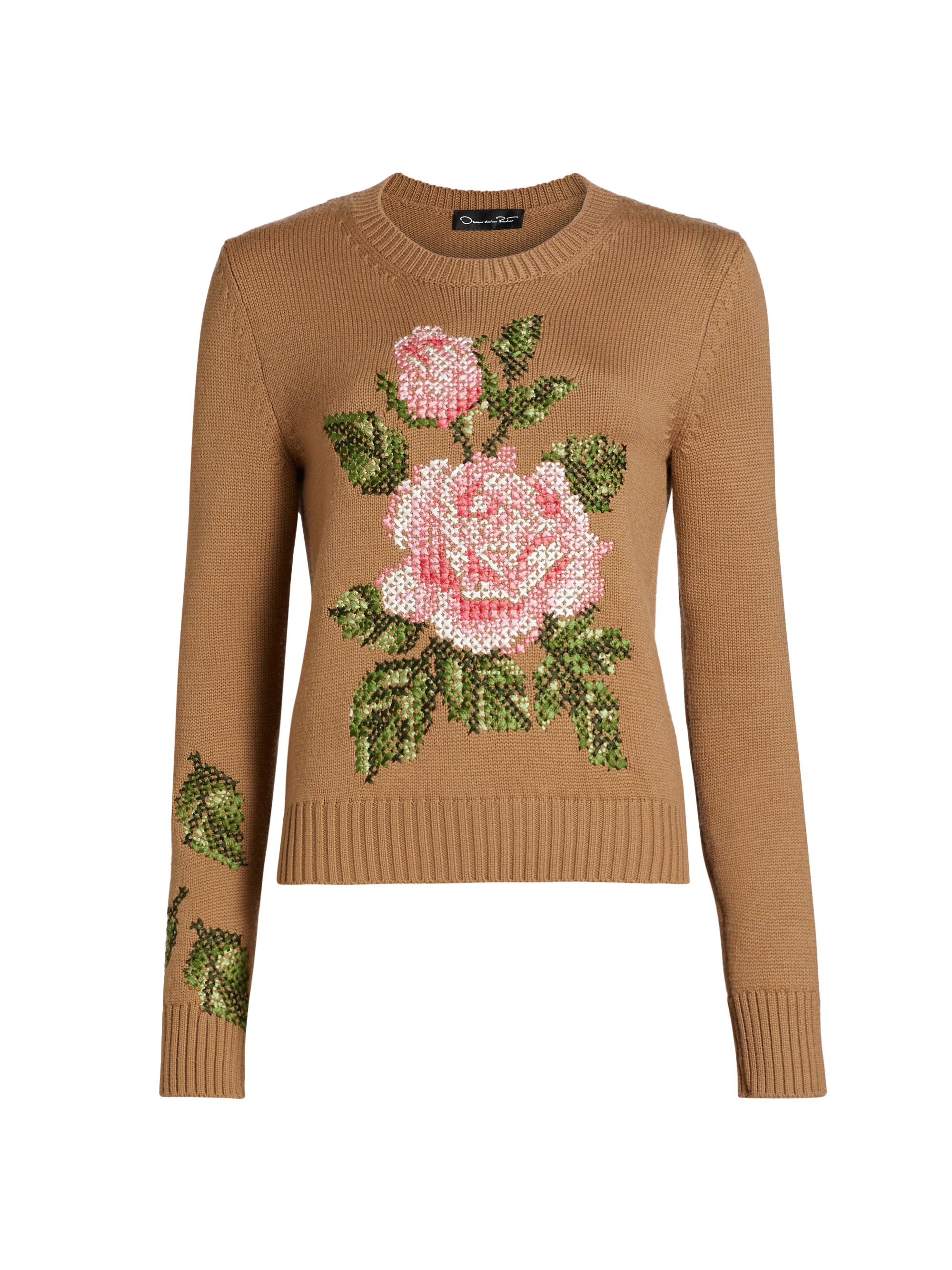 Oscar de la Renta Women's Rose Cross-Stitch Embroidered Wool Crewneck Sweater - Walnut