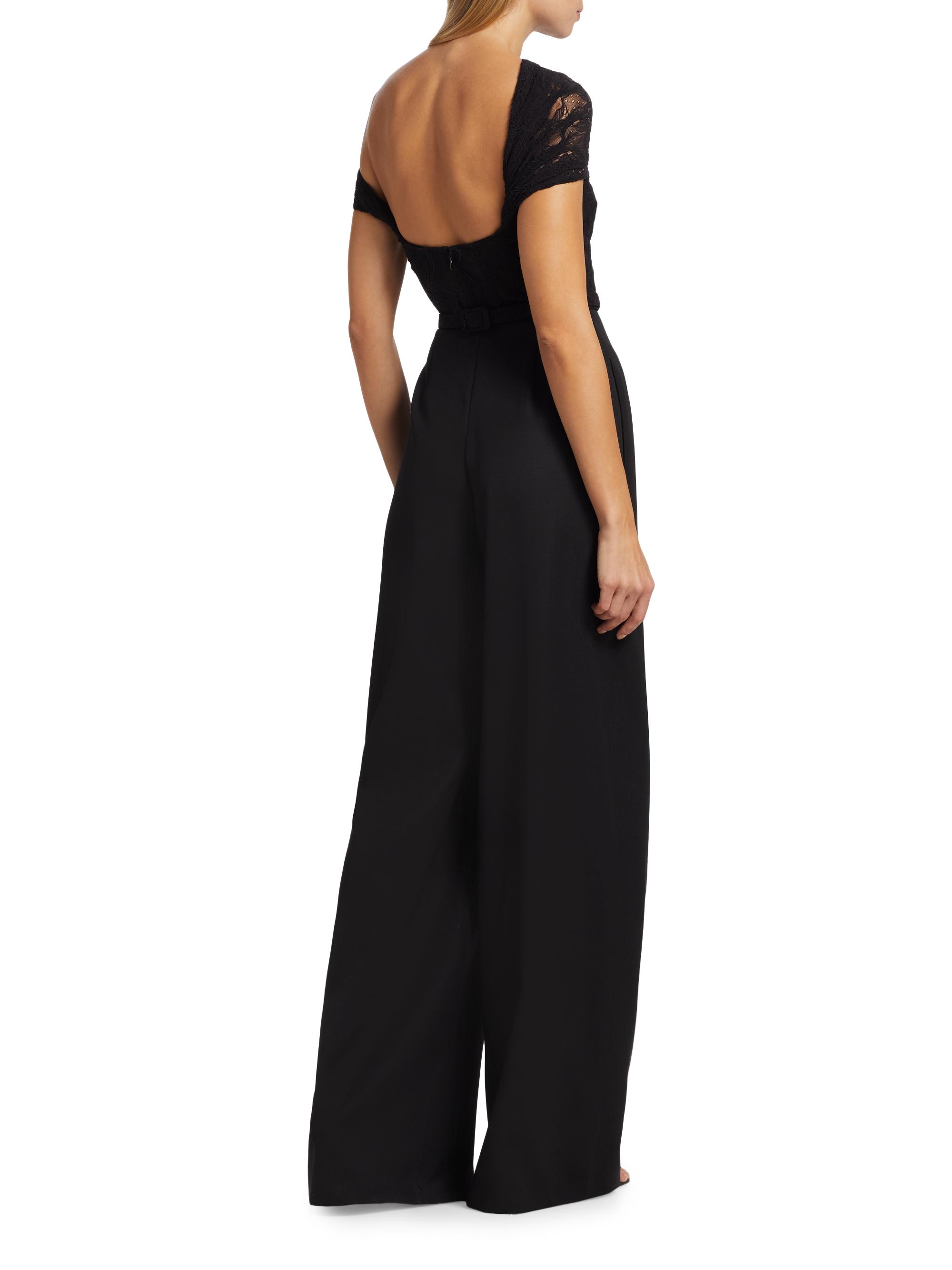 Oscar de la Renta Floral Lace-Virgin Wool One-Shoulder Wide-Leg