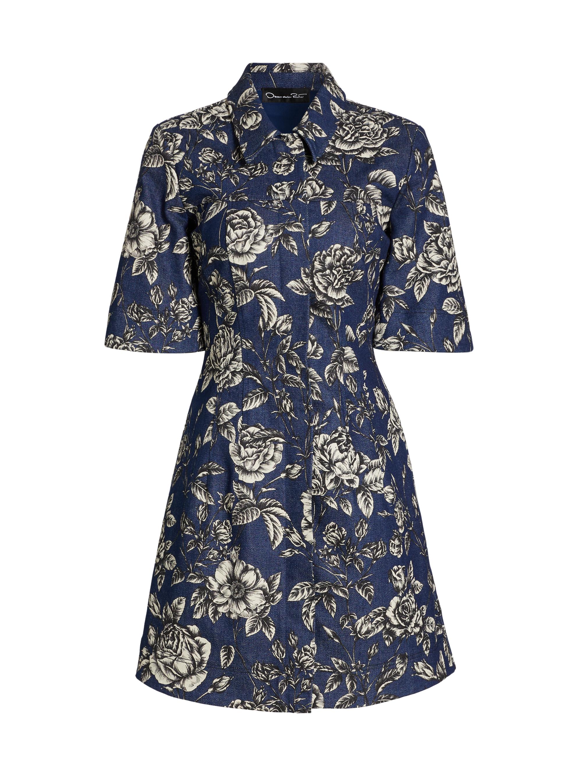 Oscar de la Renta Women's Rose Stretch-Denim Short-Sleeve Minidress - White Indigo