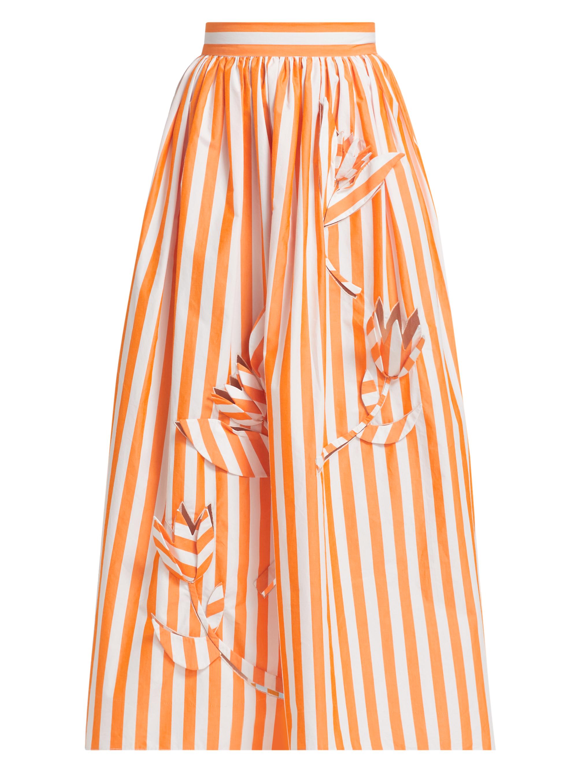 Oscar de la Renta Women's Striped Appliqué Cotton A-Line Midi-Skirt - Clementine
