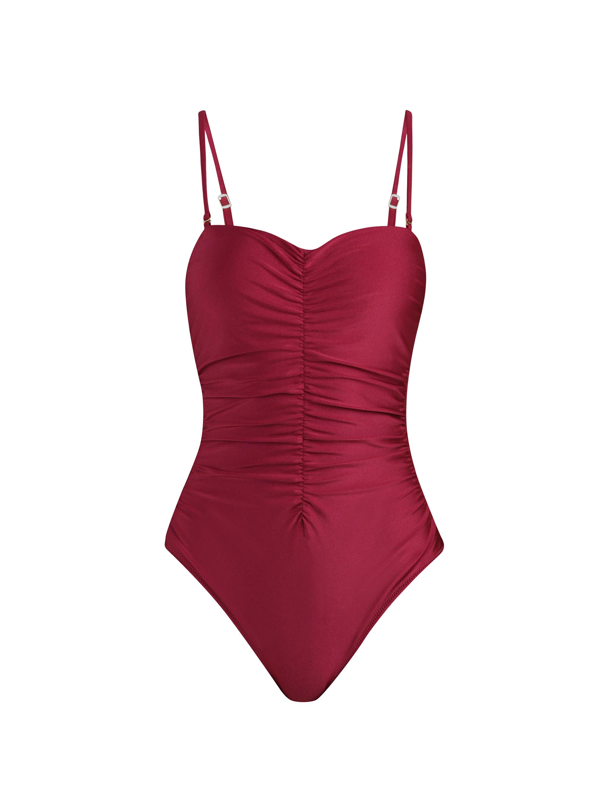 L'AGENCE Women's Shimmer Solids Aubrey Ruched Bandeau One-Piece Swimsuit - Black Cherry