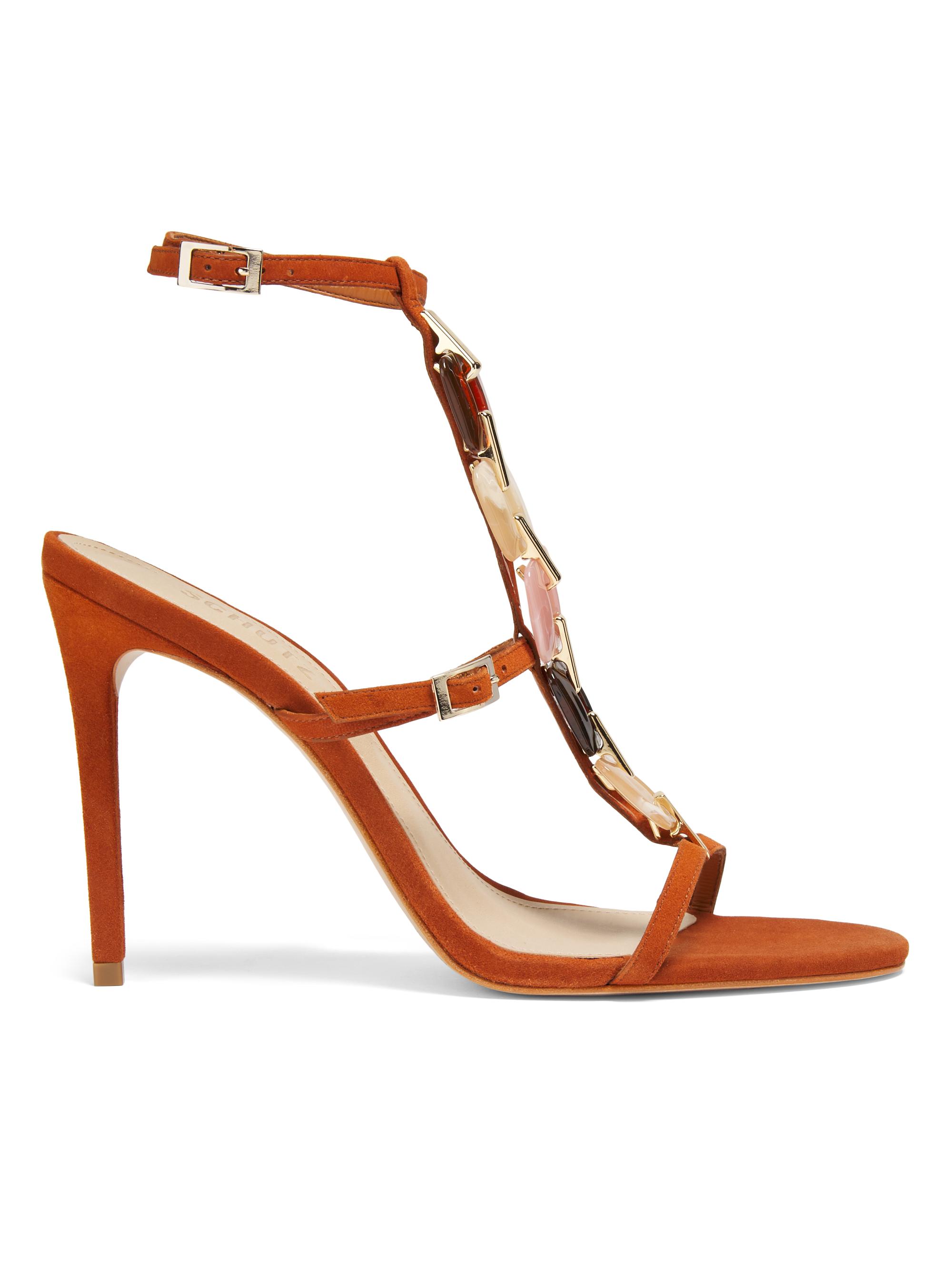 Schutz Women's Cassandra 100MM Embellished Suede Sandals - Camel