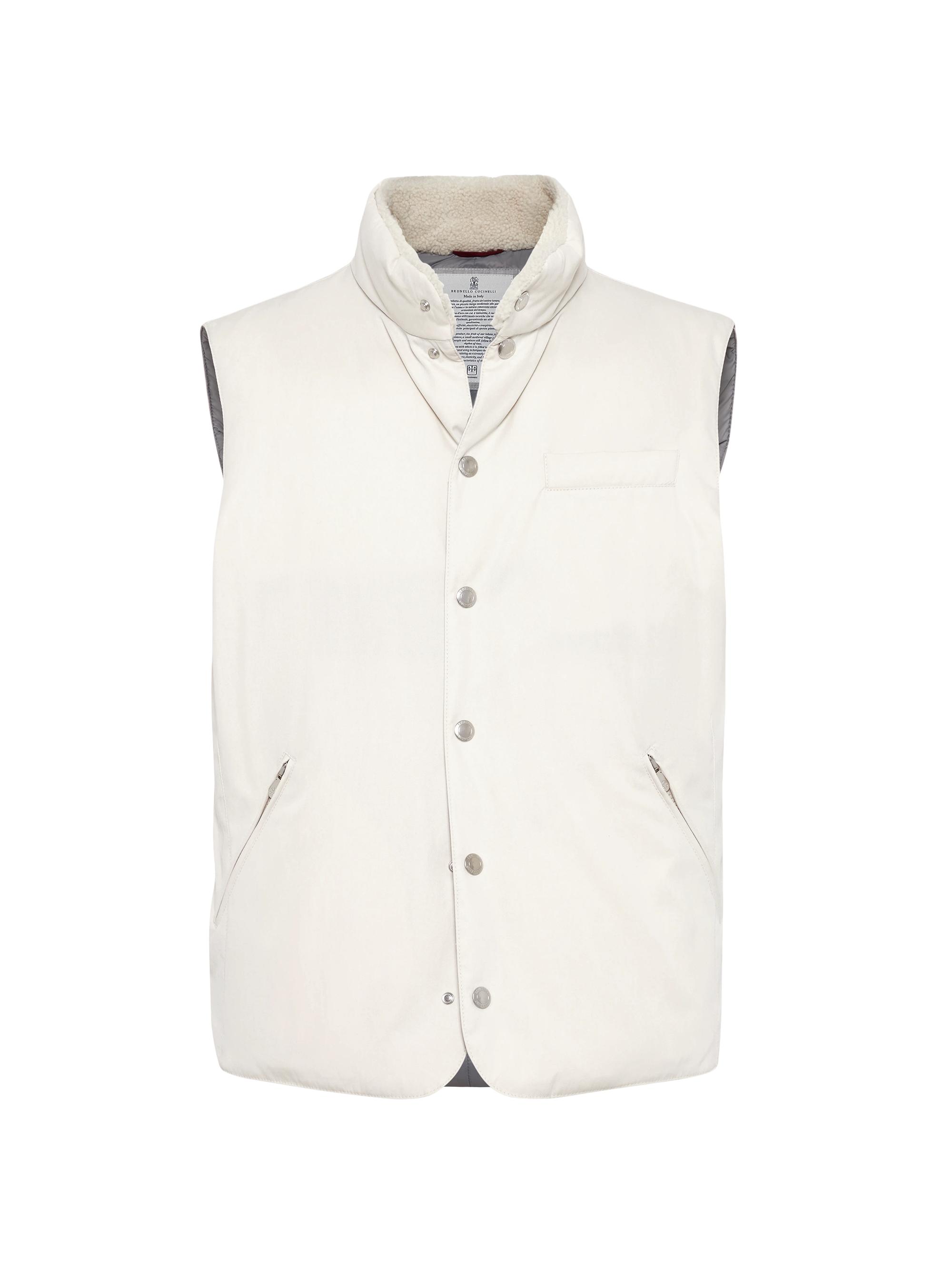 Brunello Cucinelli Men's Techno Cotton Gabardine Down Vest with Shearling Insert - Off White