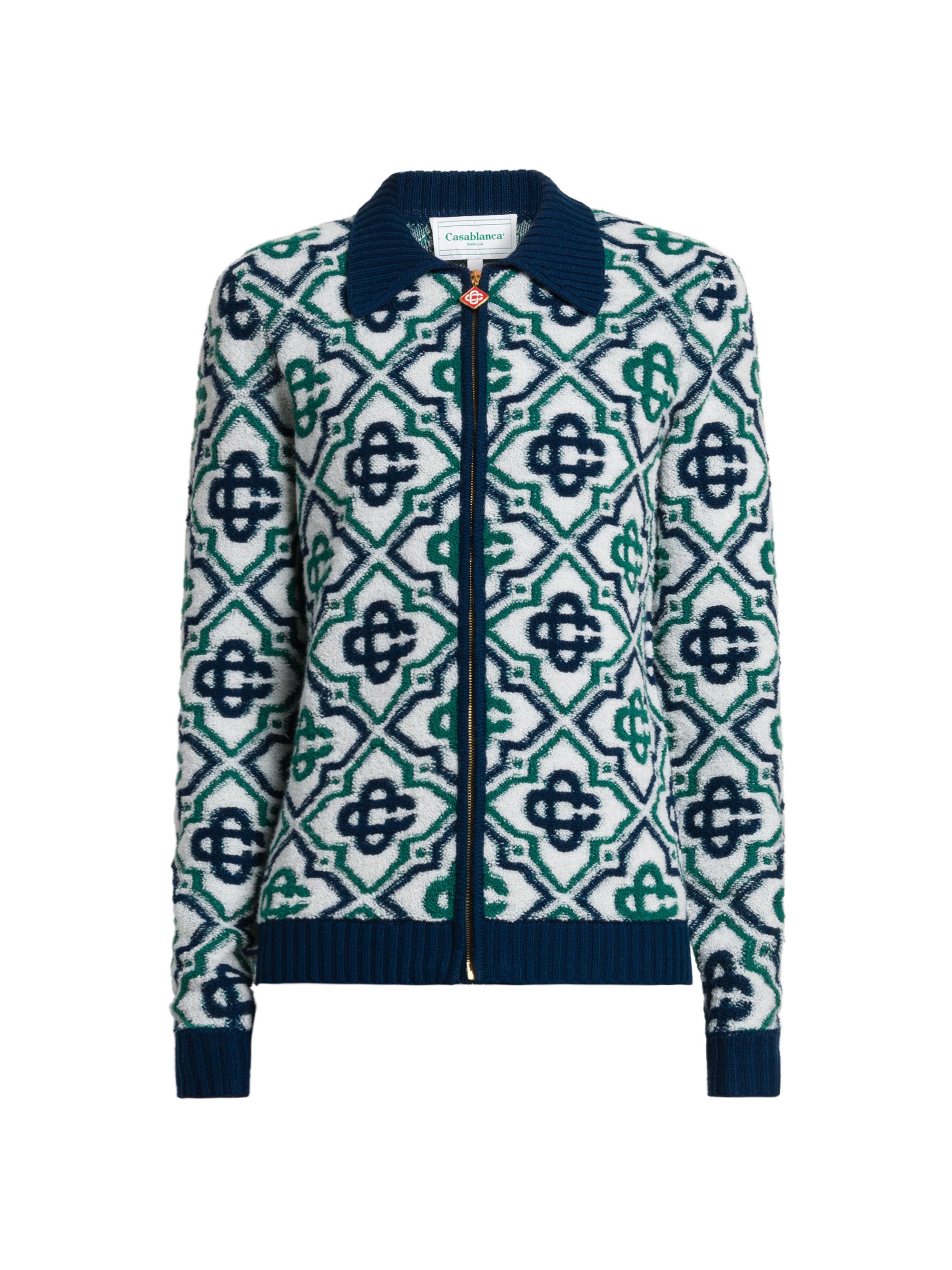 Casablanca Men's Monogrammed Logo Full-Zip Wool Sweater - Green Navy