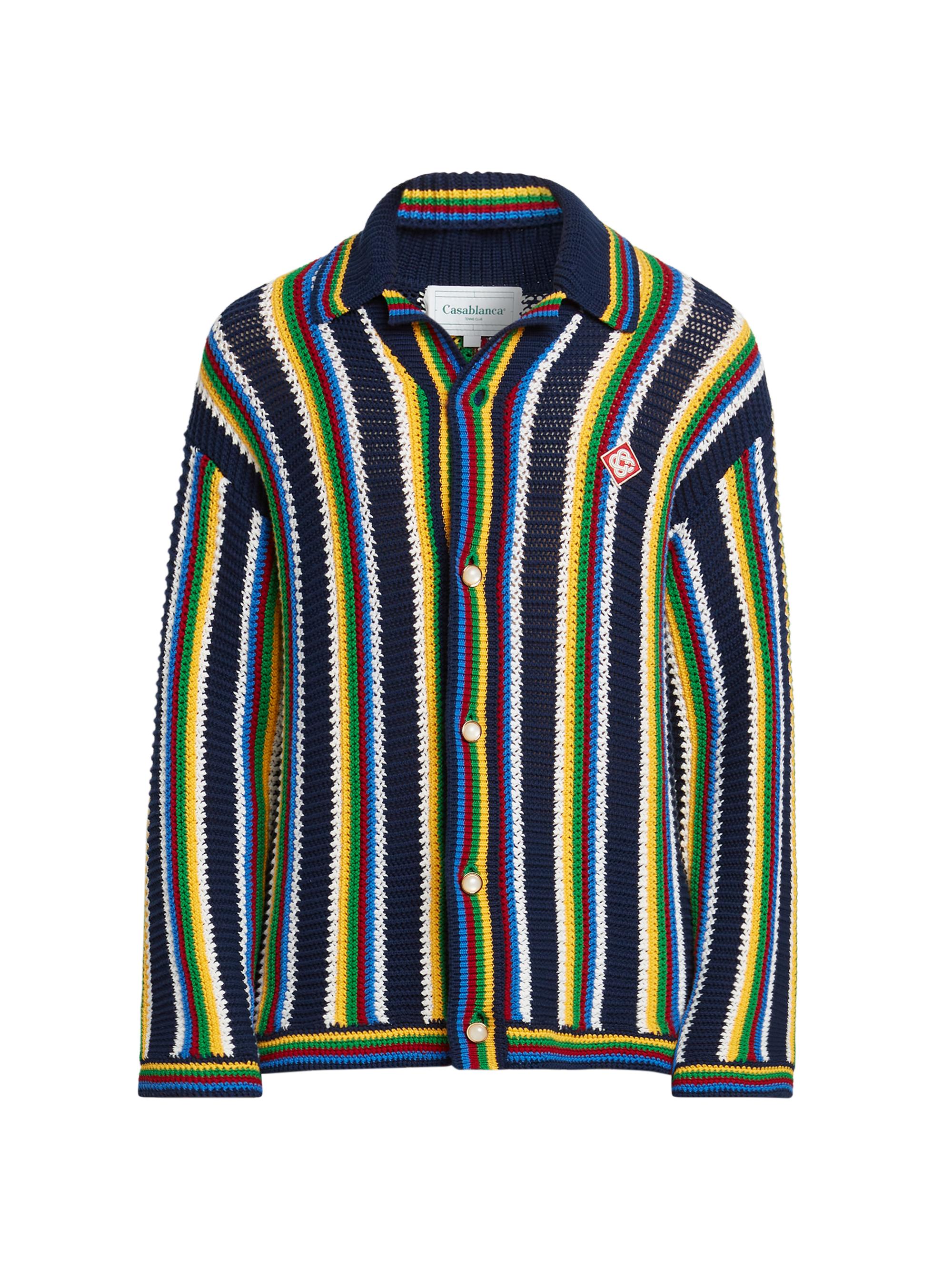 Casablanca Men's Striped Crocheted Cotton-Blend Long-Sleeve Top - Navy