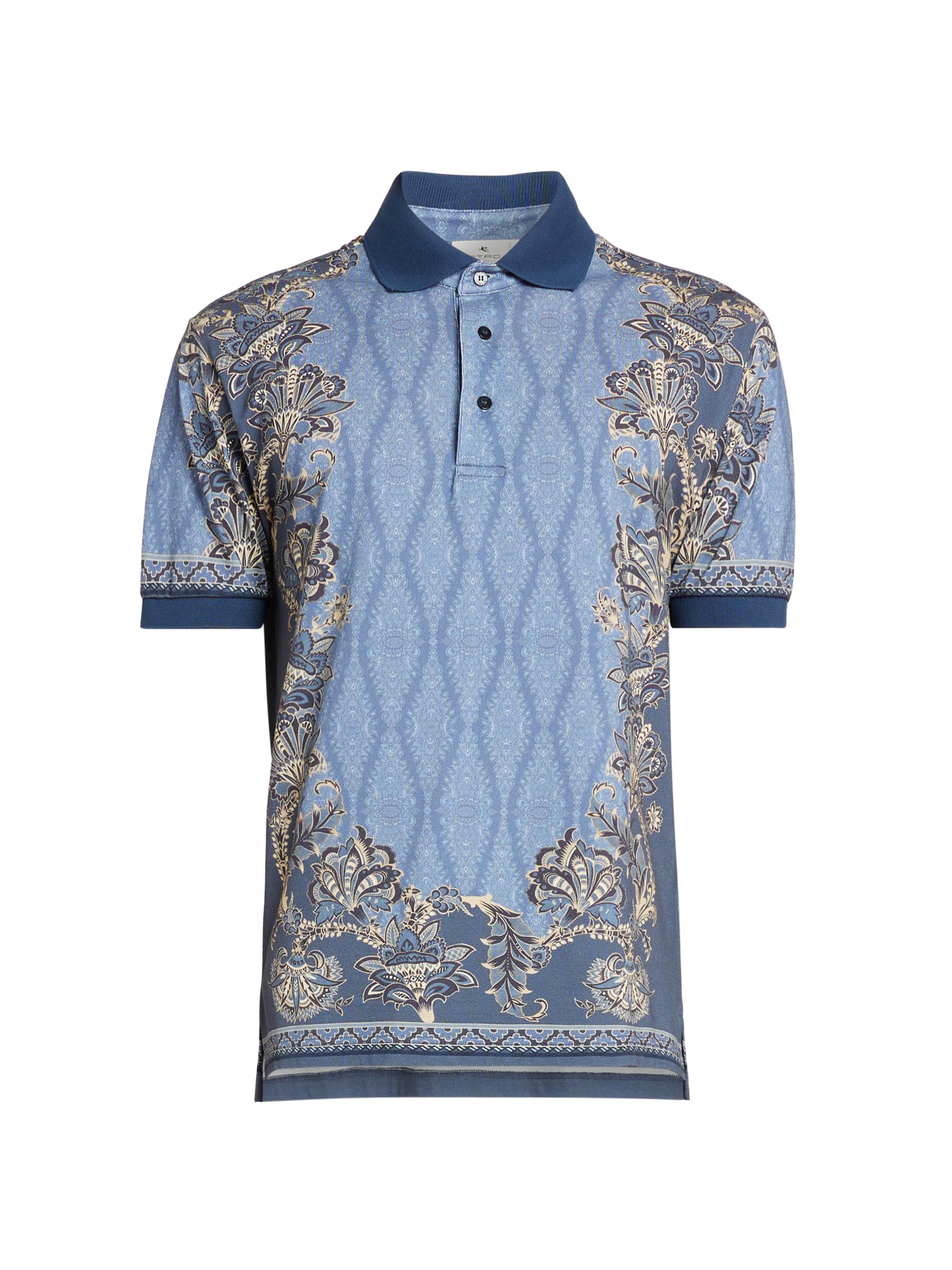Etro Men's Mixed-Print Cotton Pique Polo Shirt - Blue