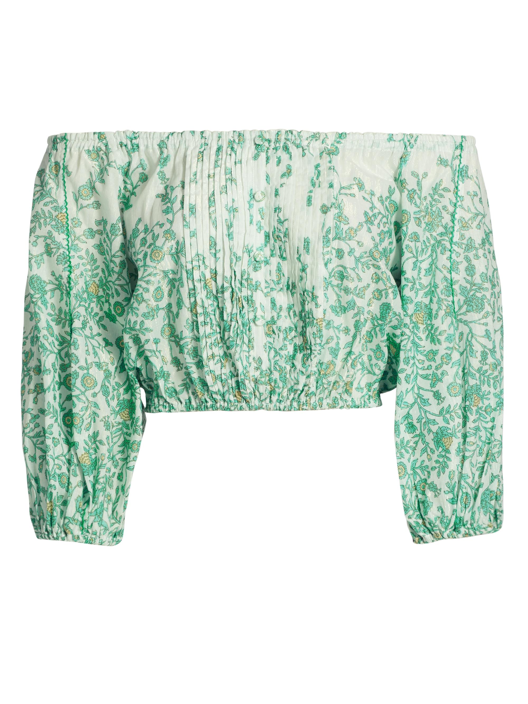 Poupette St Barth Women's Bova Pleated Cotton Crop Top - Green Lazuli