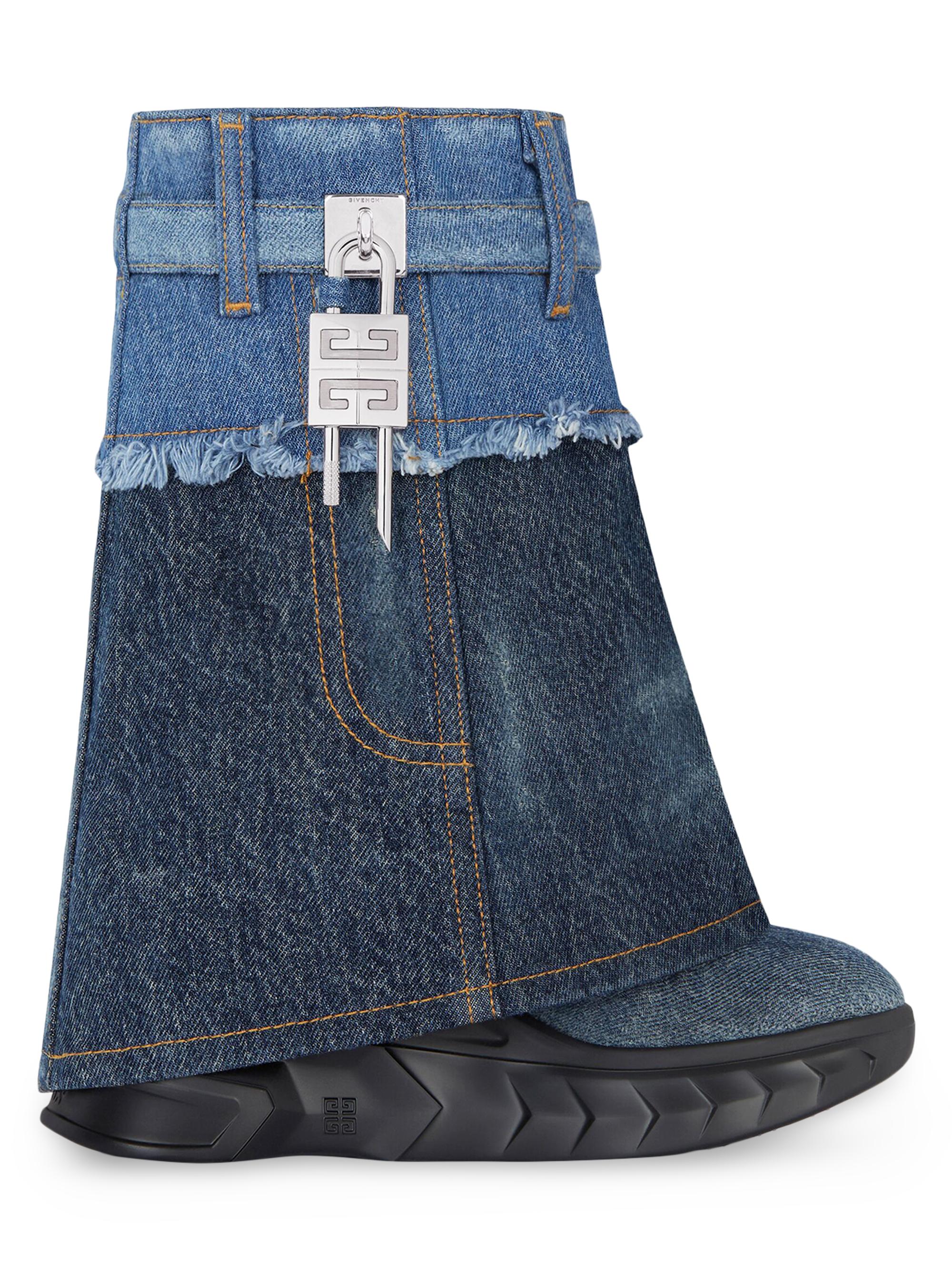 Givenchy Women's Shark Lock Biker Ankle Boots in Bicolor Washed Denim - Dark Blue