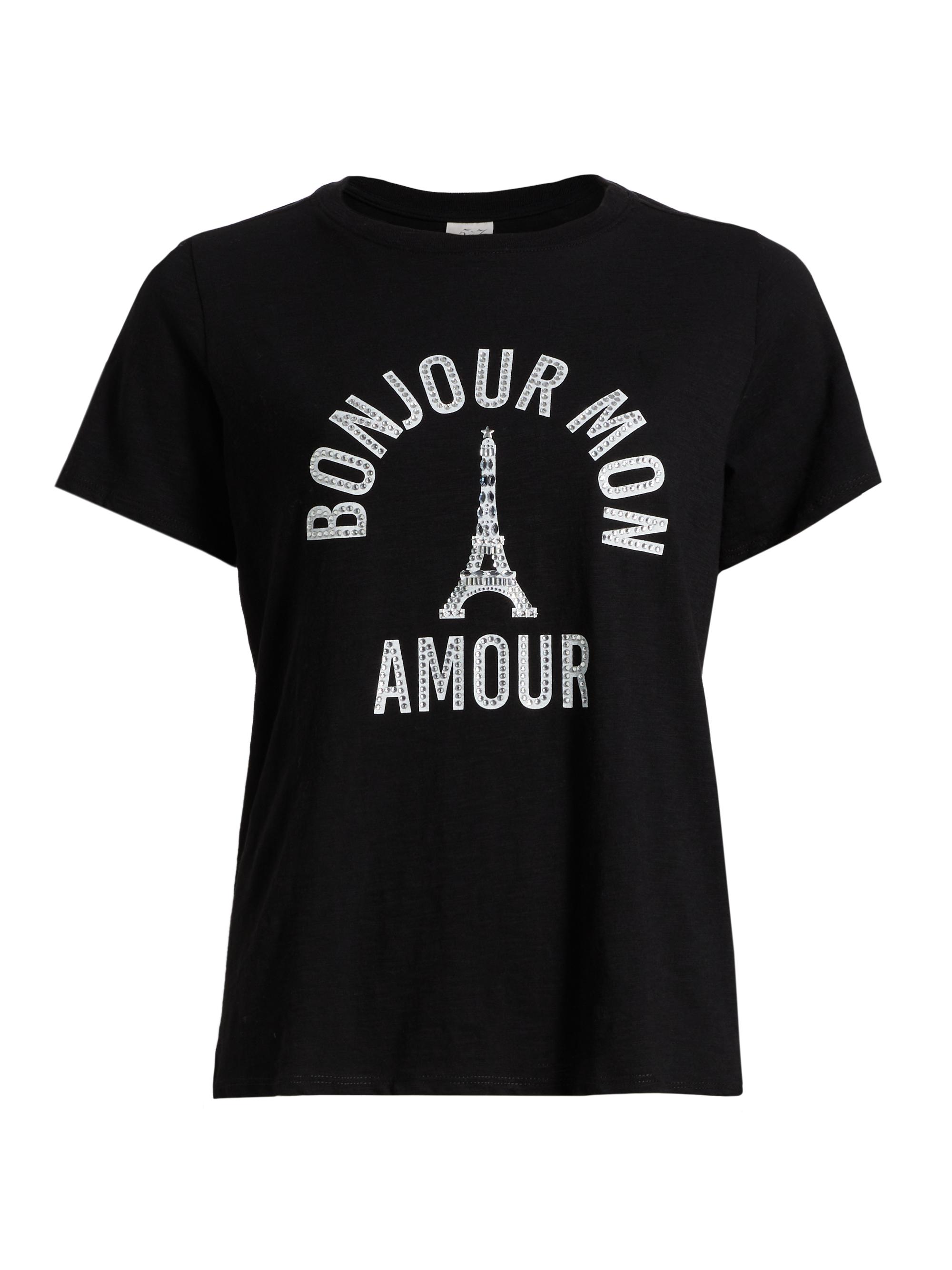 Cinq à Sept Women's 'Bonjour Mon Amour' Embellished Eiffel Tower Cotton T-Shirt - Black