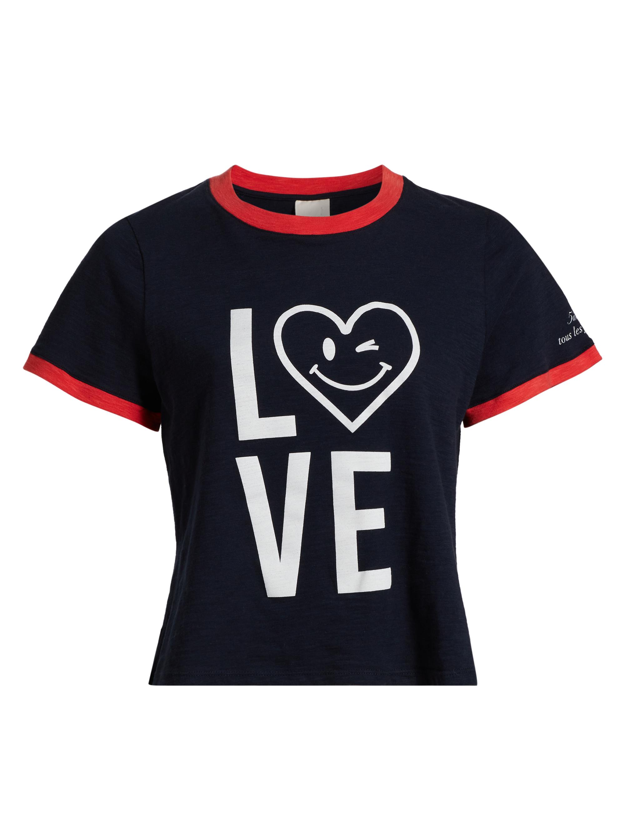 CINQ A SEPT Women's Ringer Love Cotton T-Shirt - Navy White Red