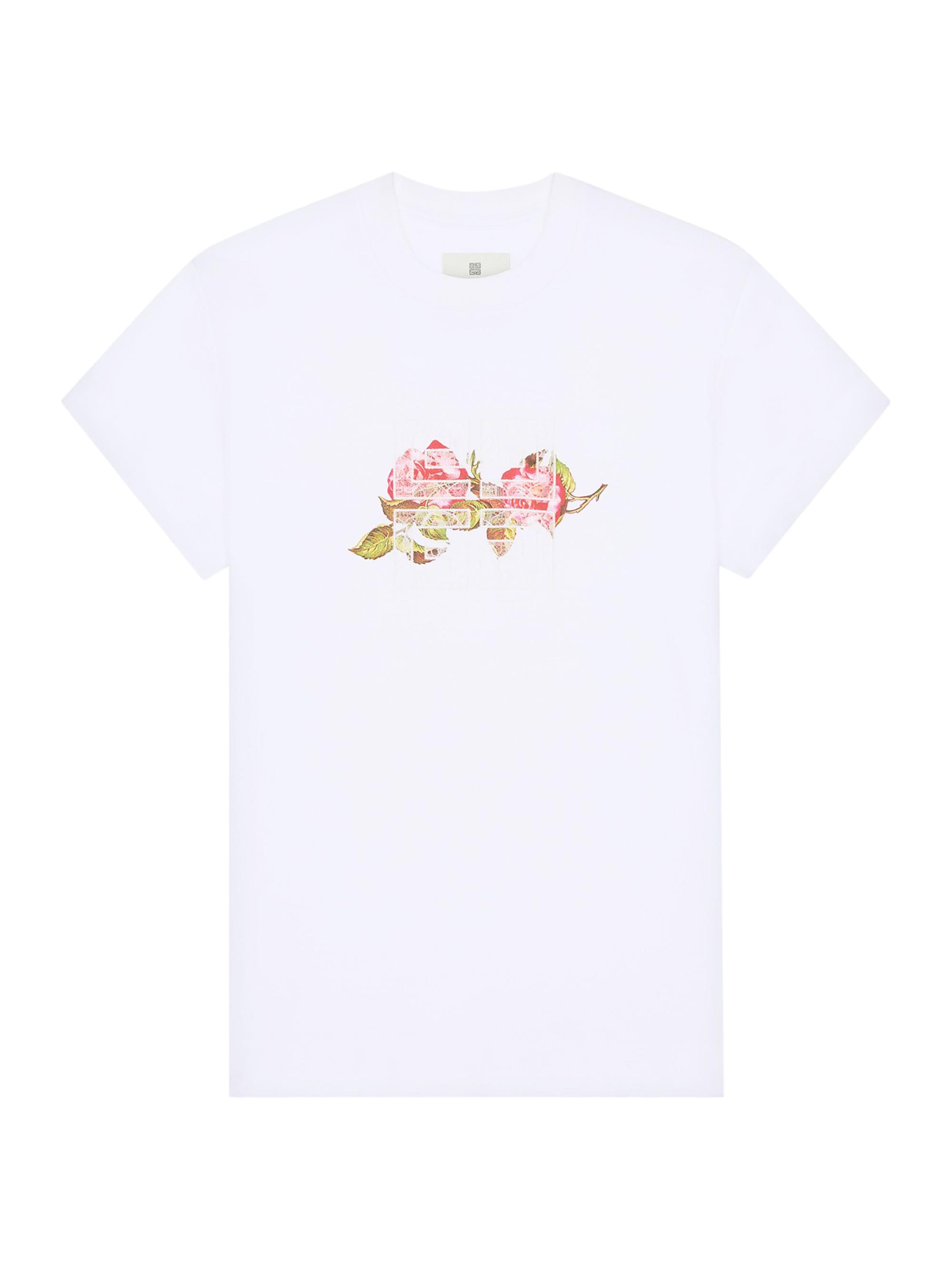 Givenchy Women's 4G Lace Slim Fit T-Shirt in Cotton with Roses Print - White