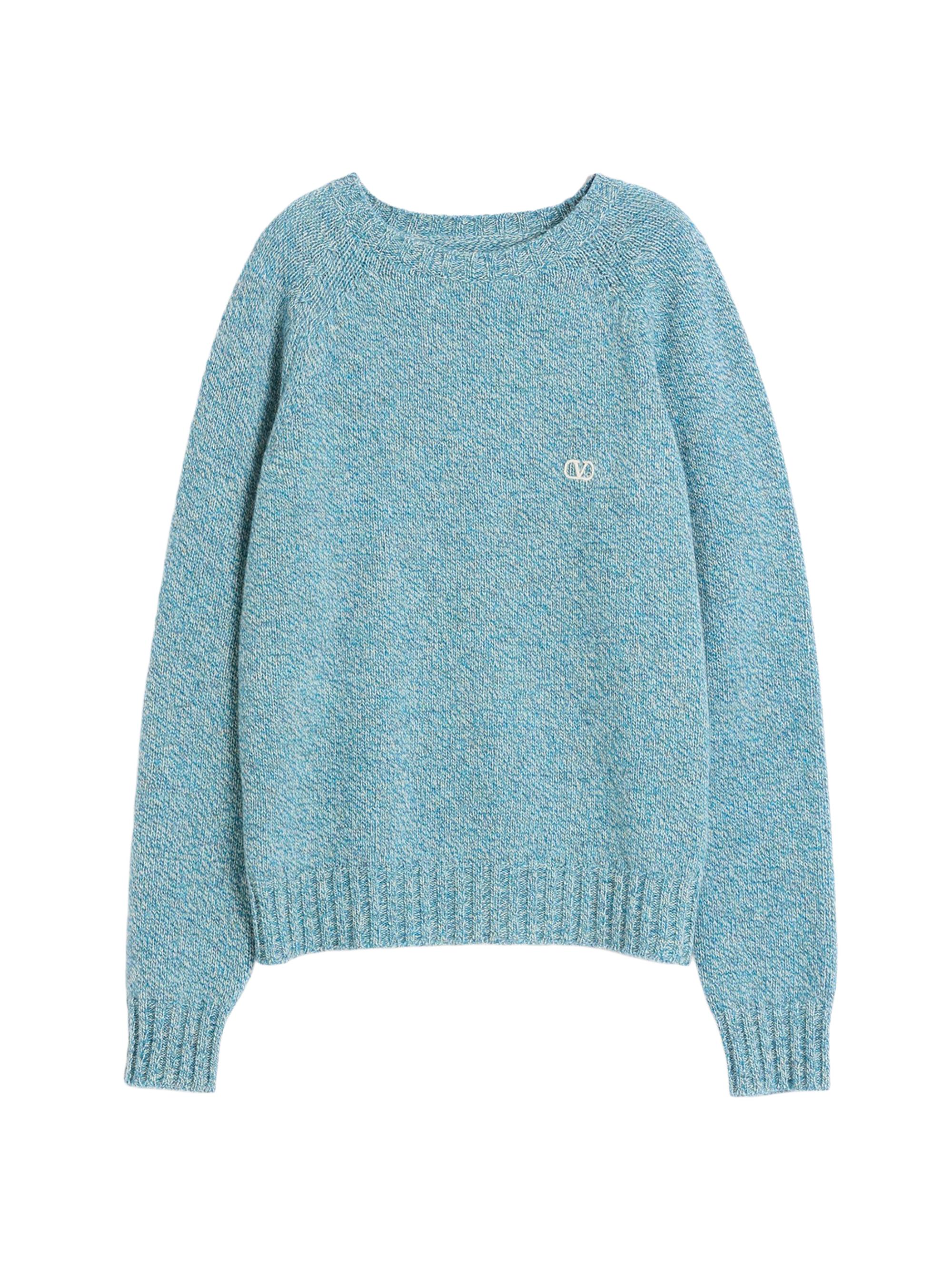 Valentino Garavani Men's Crewneck Wool Sweater with VLogo Embroidery - Turquoise