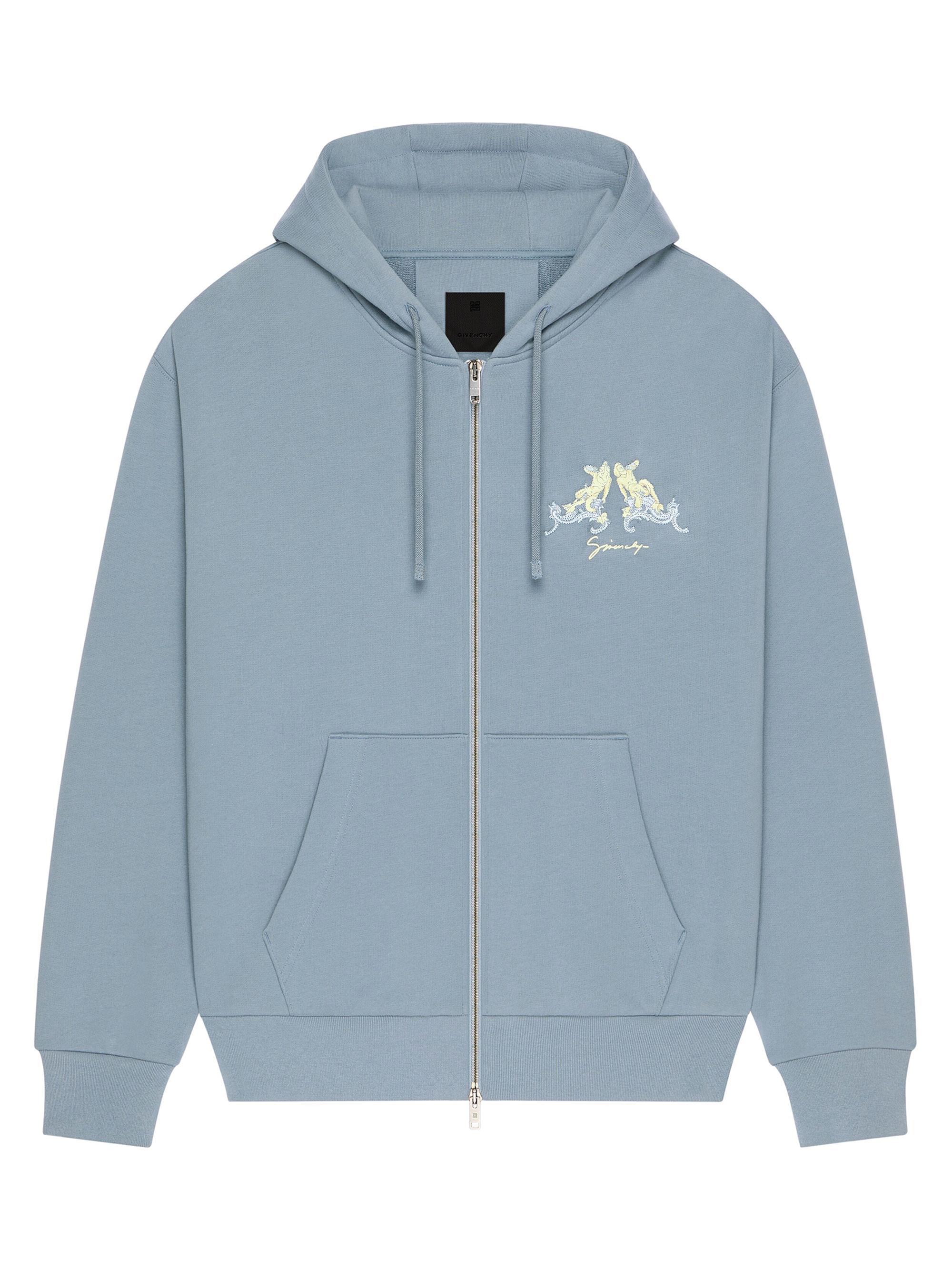 Givenchy Men's Zipped Hoodie in Fleece with Hubert Objects Embroidery - Grey Blue